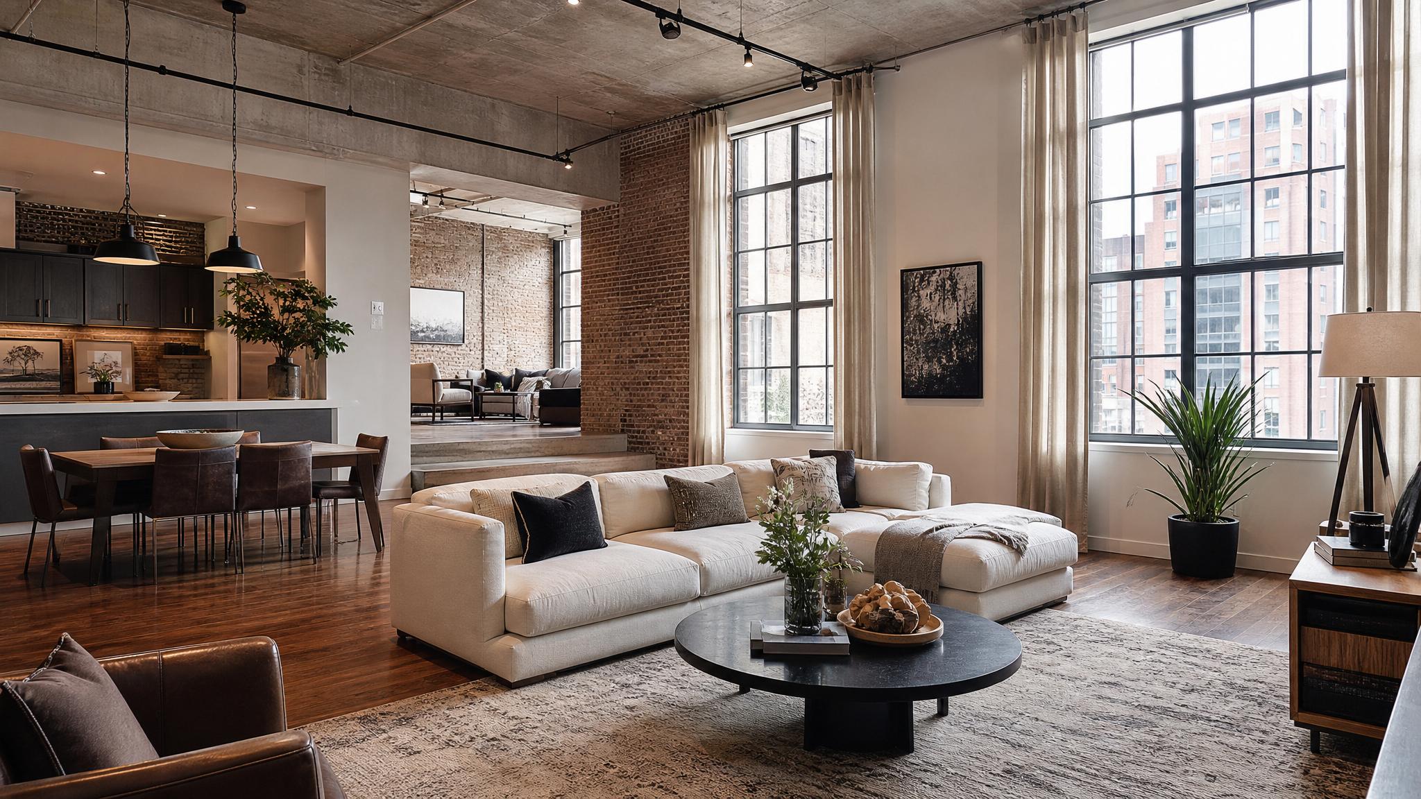 Image of a stylish urban loft with furniture layout examples.