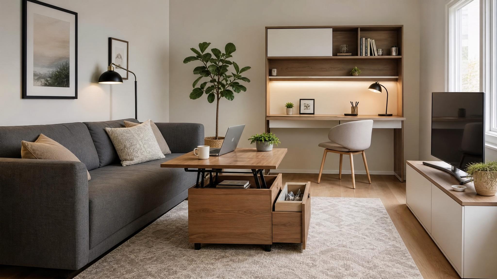 Image showcasing multi-functional furniture in a small living room.