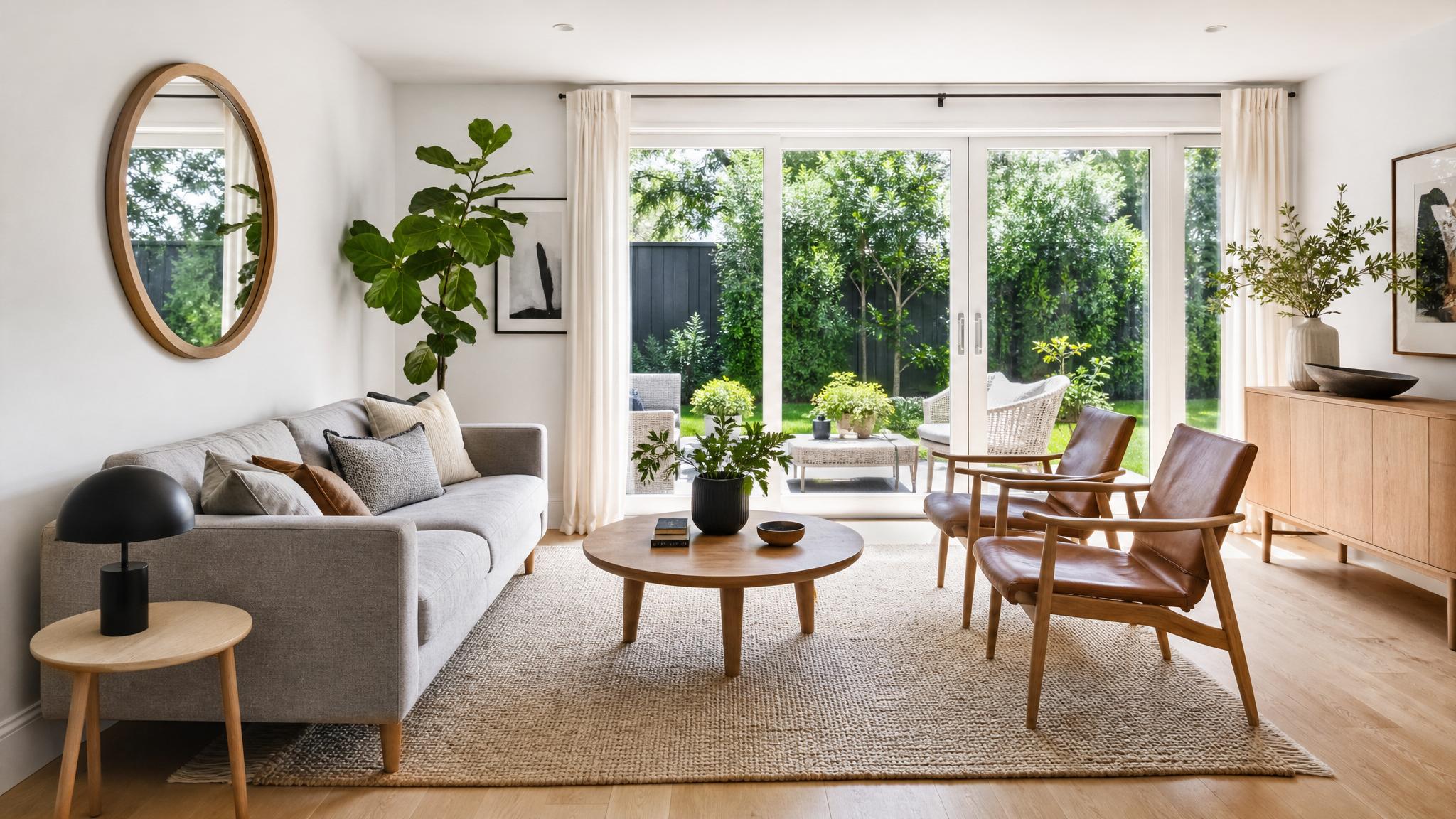 Modern Scandinavian living room with bright colors and natural light.