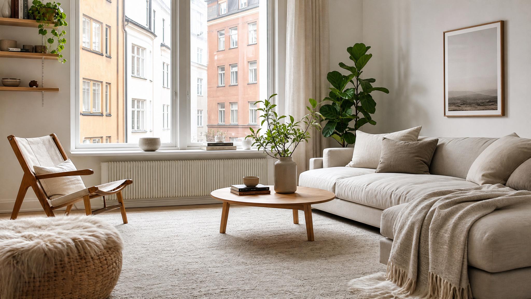 Cozy Scandinavian living room with soft textiles and minimalist decor.