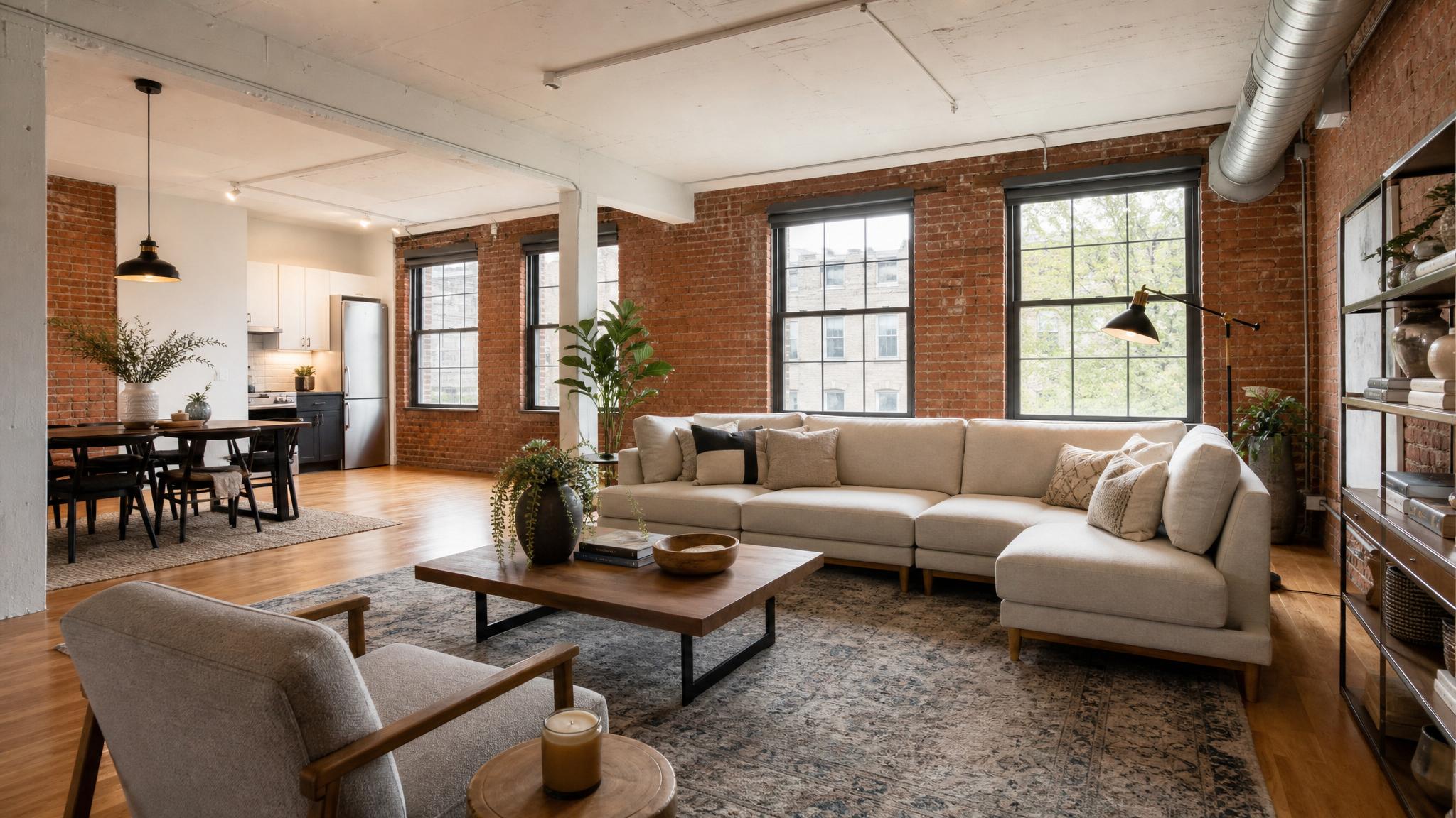 After photo of a transformed urban loft living room
