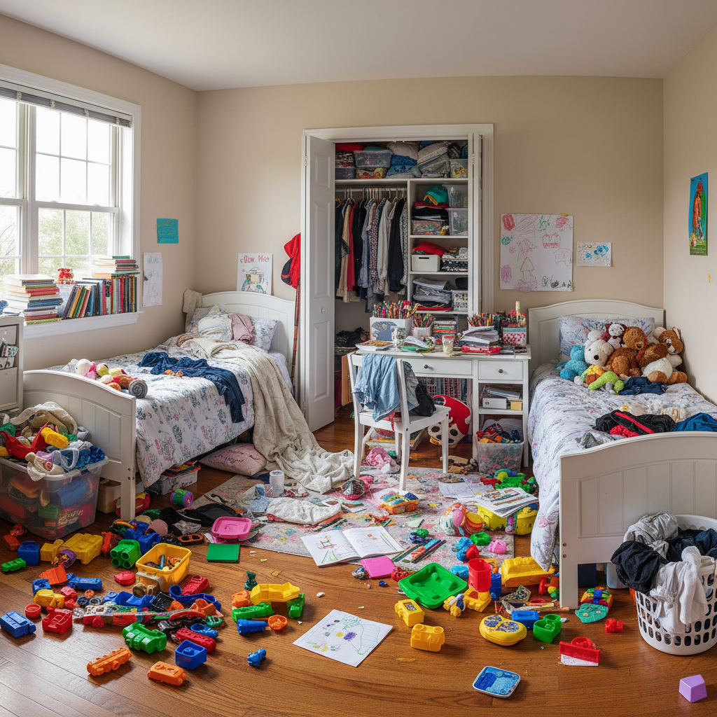 A cluttered kids bedroom versus a decluttered kids bedroom, showcasing the difference.