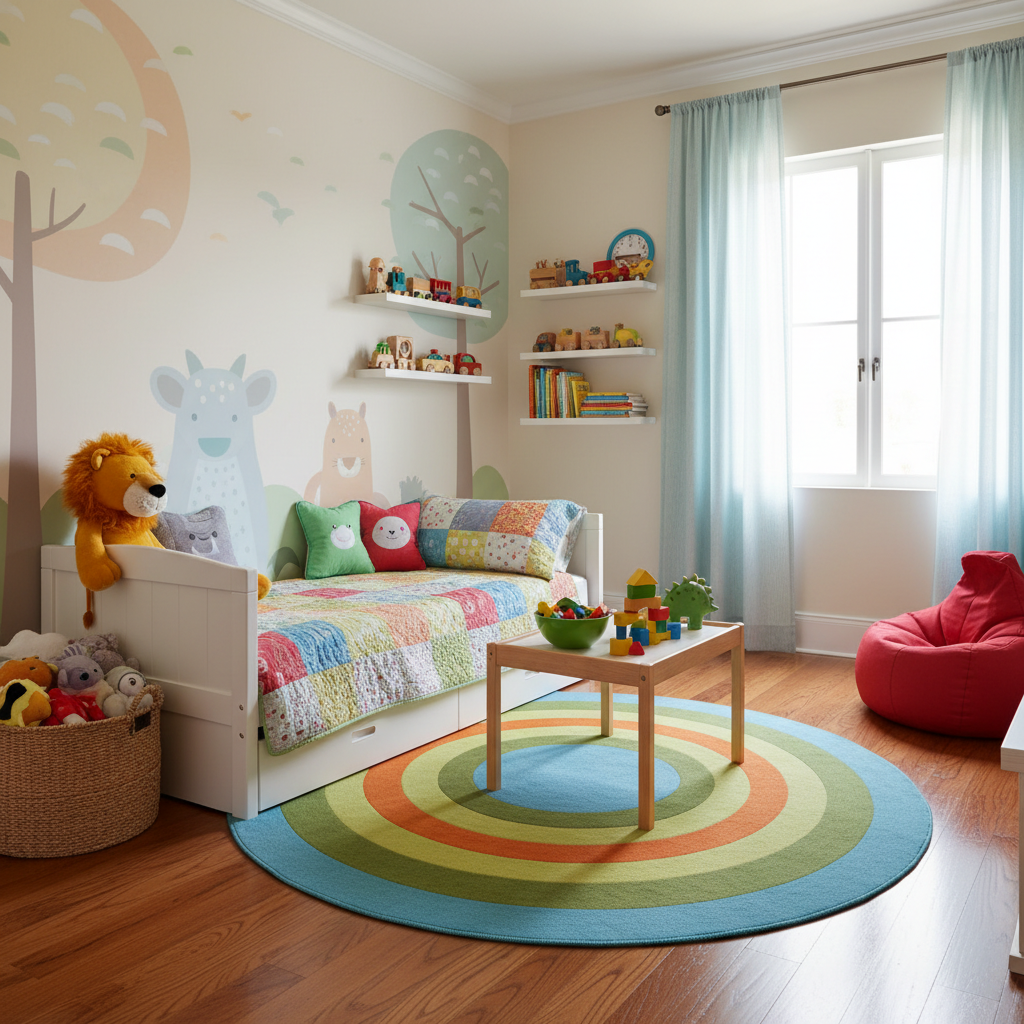 Child-friendly decor with playful elements such as toys and colorful designs.