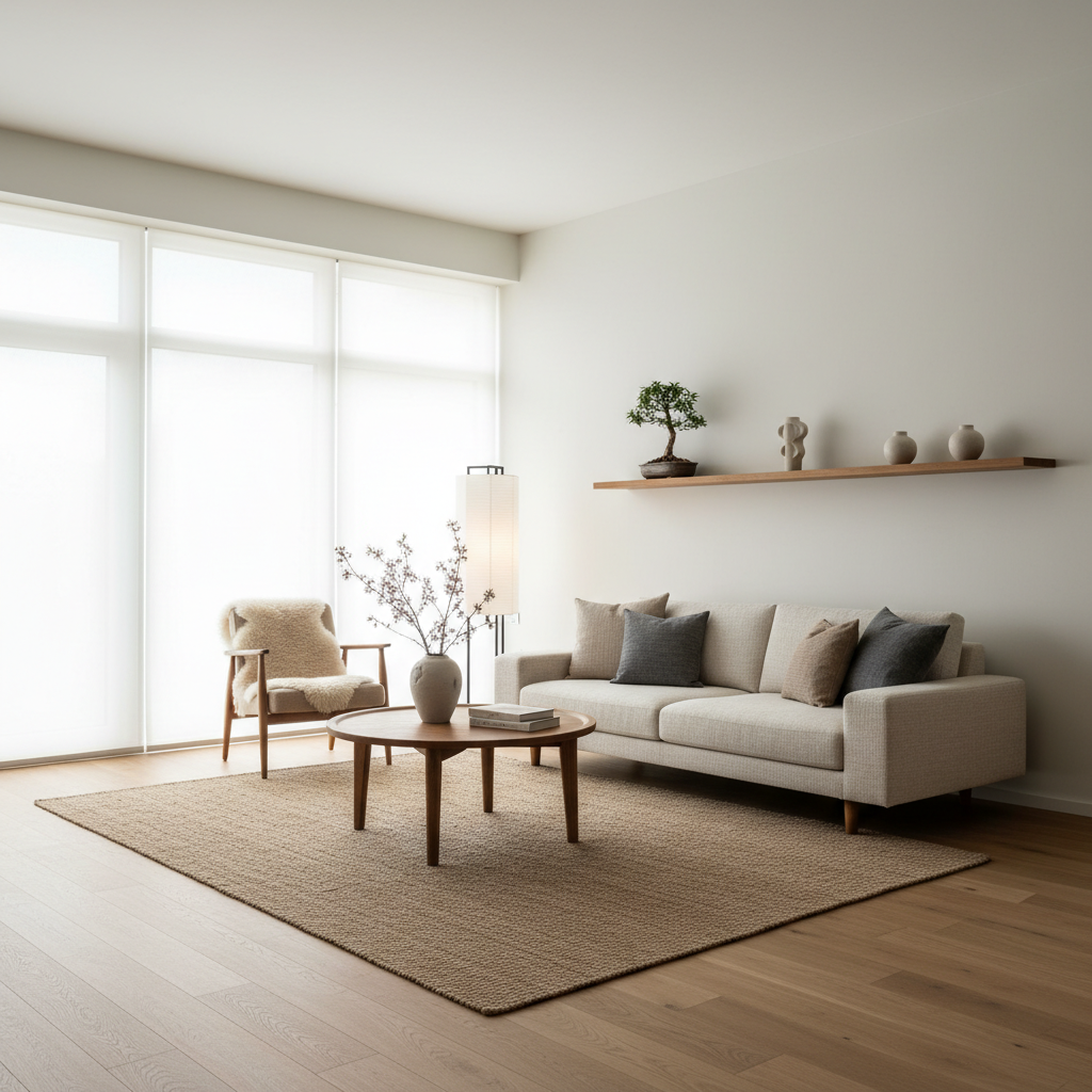 Image of a typical Japandi interior featuring natural wood, minimal decor, and soft textiles.