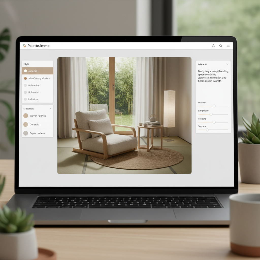 Screenshot of Palette.immo AI tool showing a Japandi reading nook design in progress.