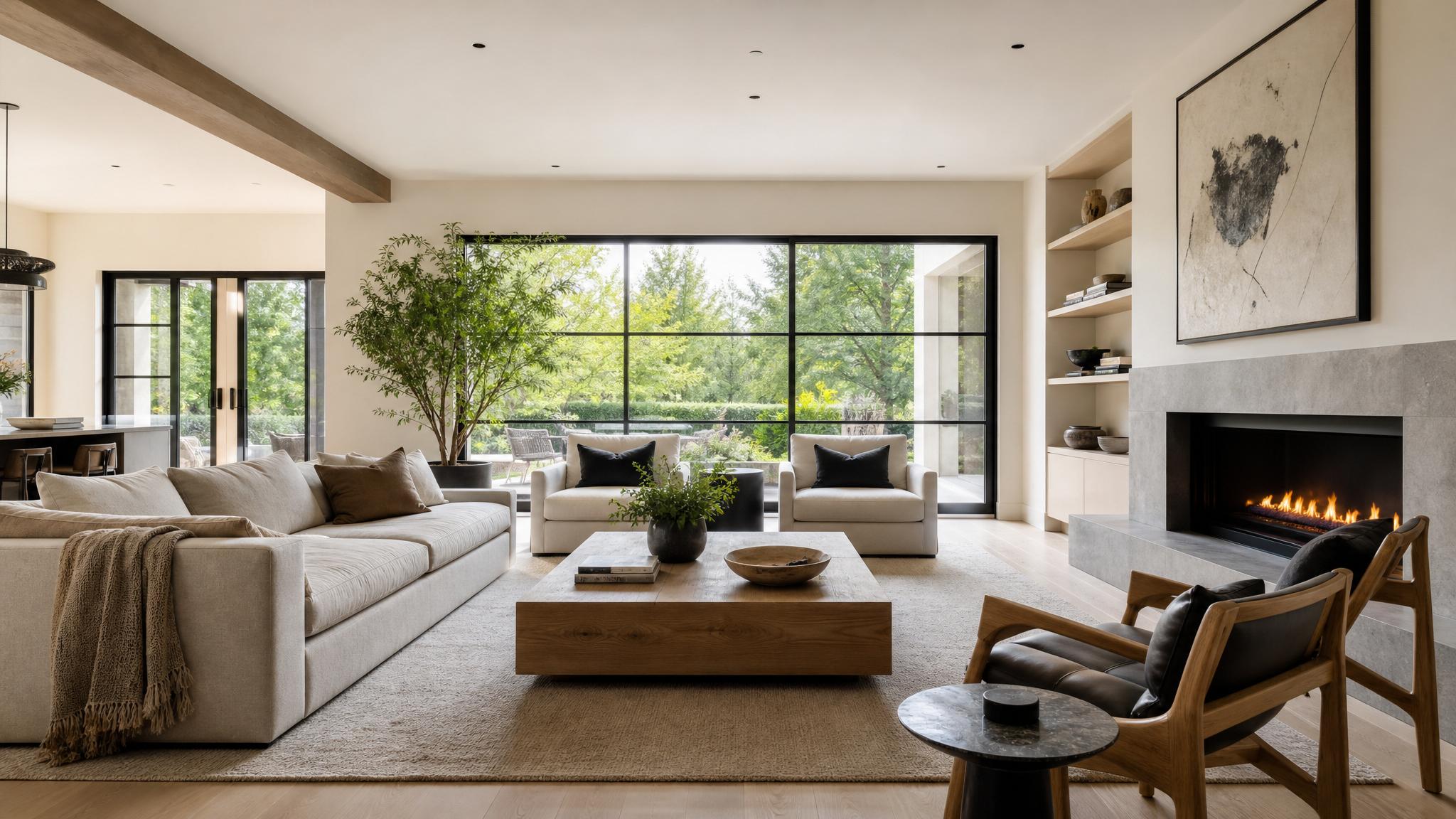 A luxurious minimalist living room with large windows, natural light, and stylish furniture.