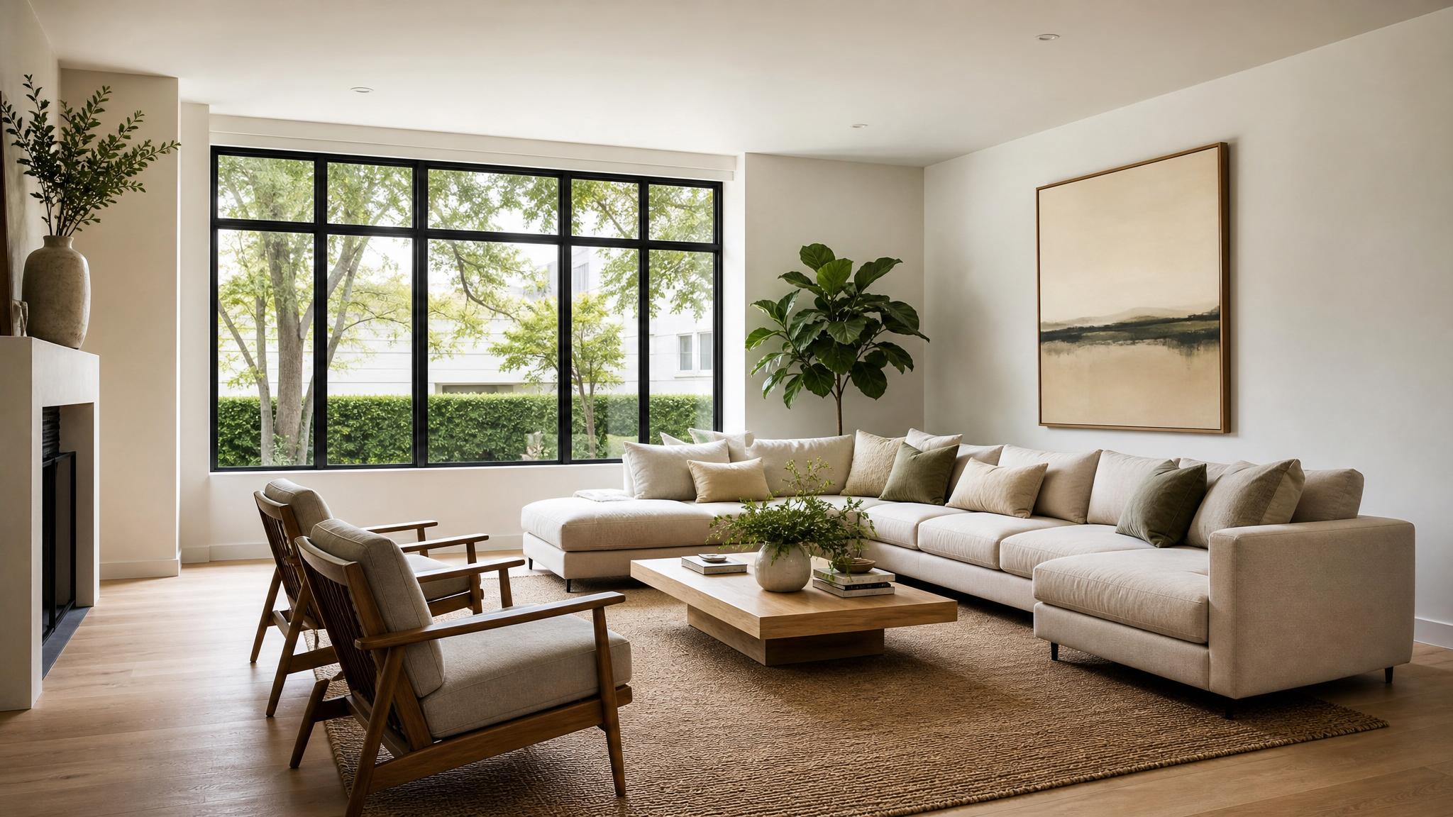 Elegant minimalist furniture arrangement in a spacious living room.