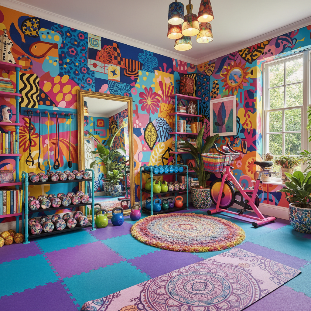 Image depicting a vibrant and colorful maximalist home gym design