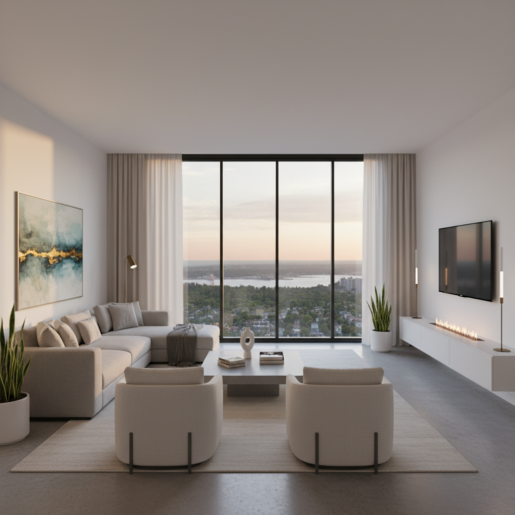 Modern luxury living room staged virtually with minimalist furniture