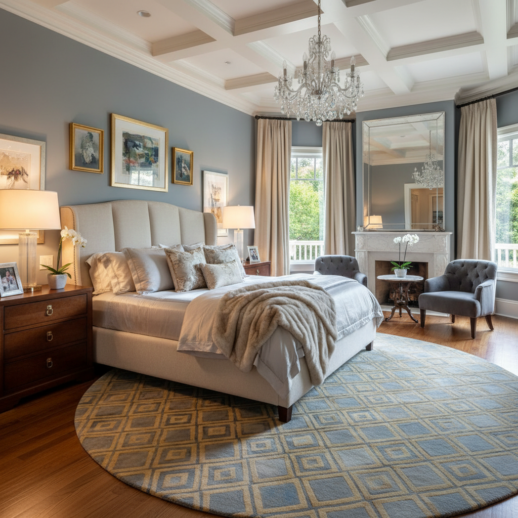 Luxurious bedroom staged with elegant decor and furnishings