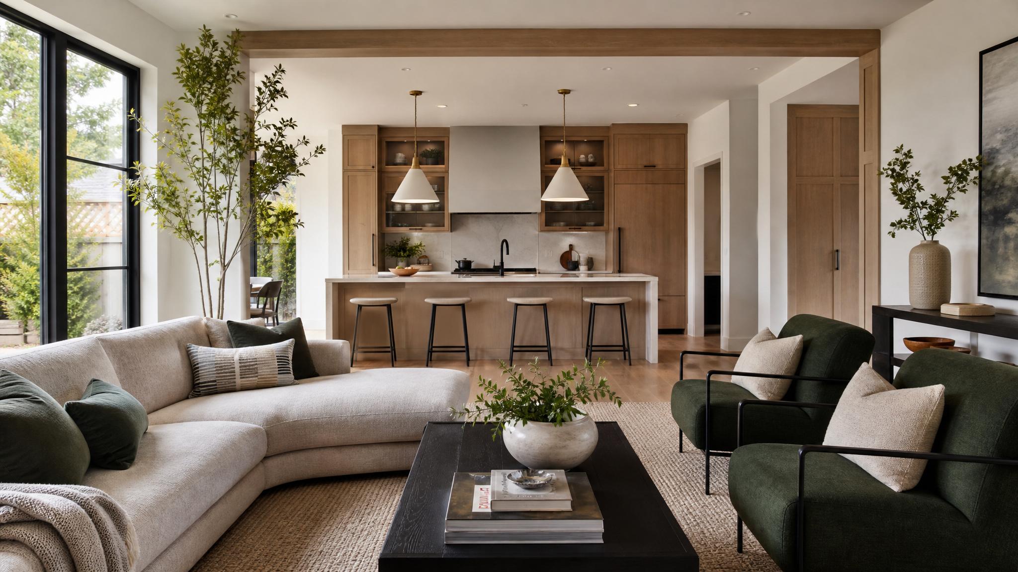 Image of a modern open-plan living room showcasing a color scheme