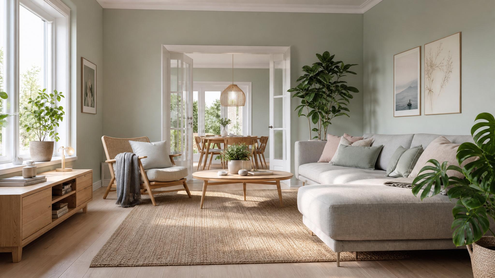 A cozy Nordic living room featuring soft pastel colors.