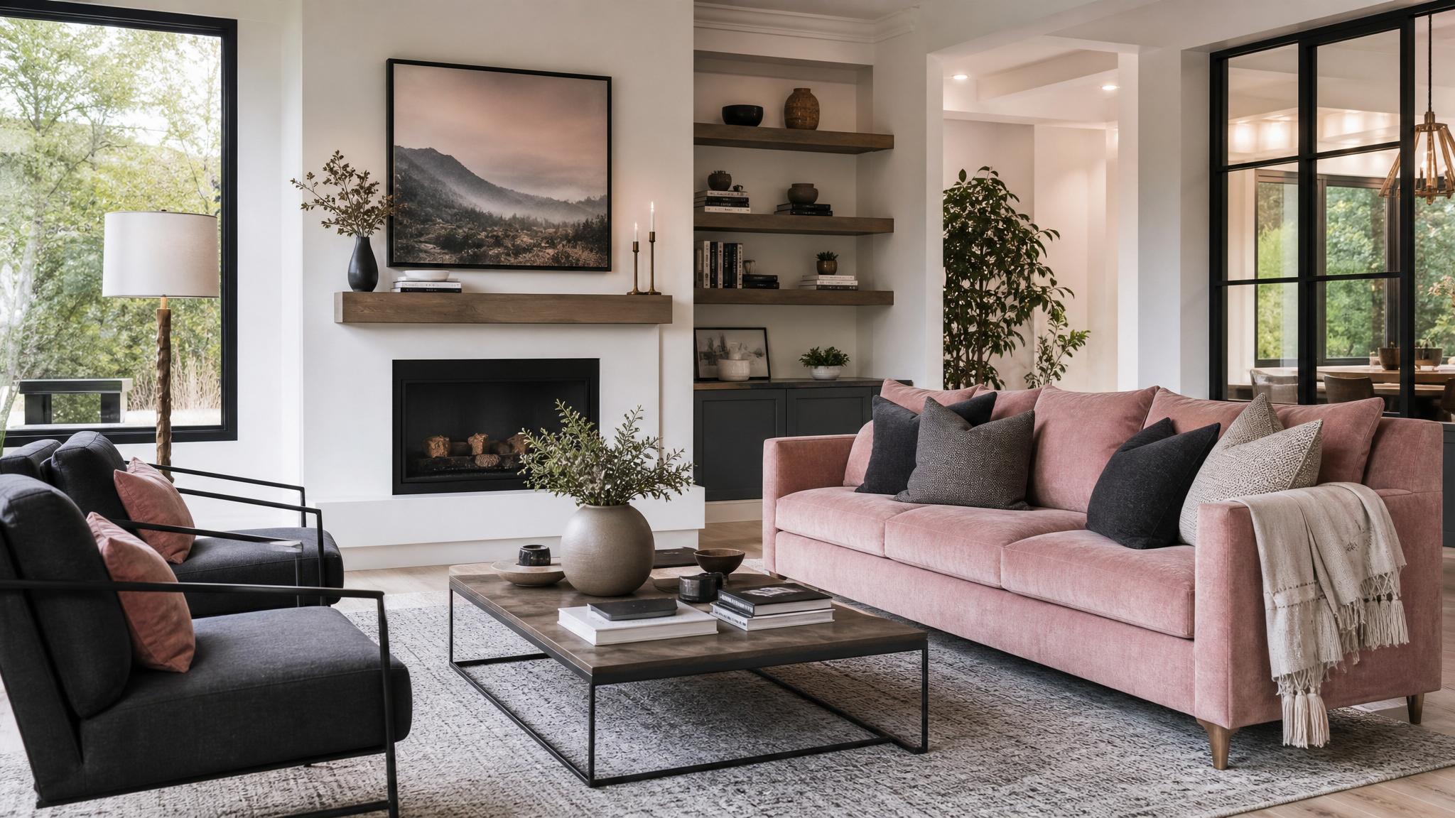 A living room showcasing dusty rose and charcoal accents.