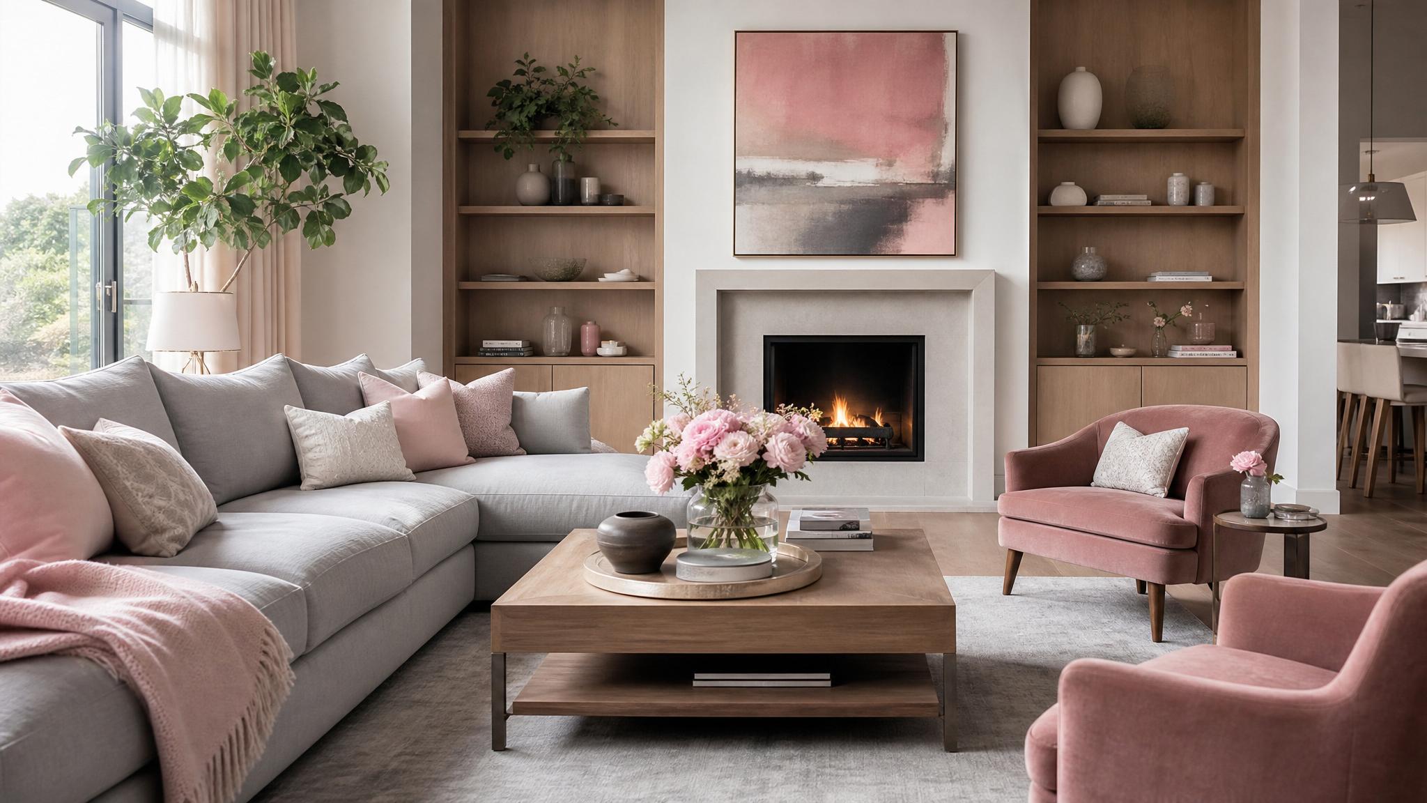 A living room designed with blush pink and soft gray.