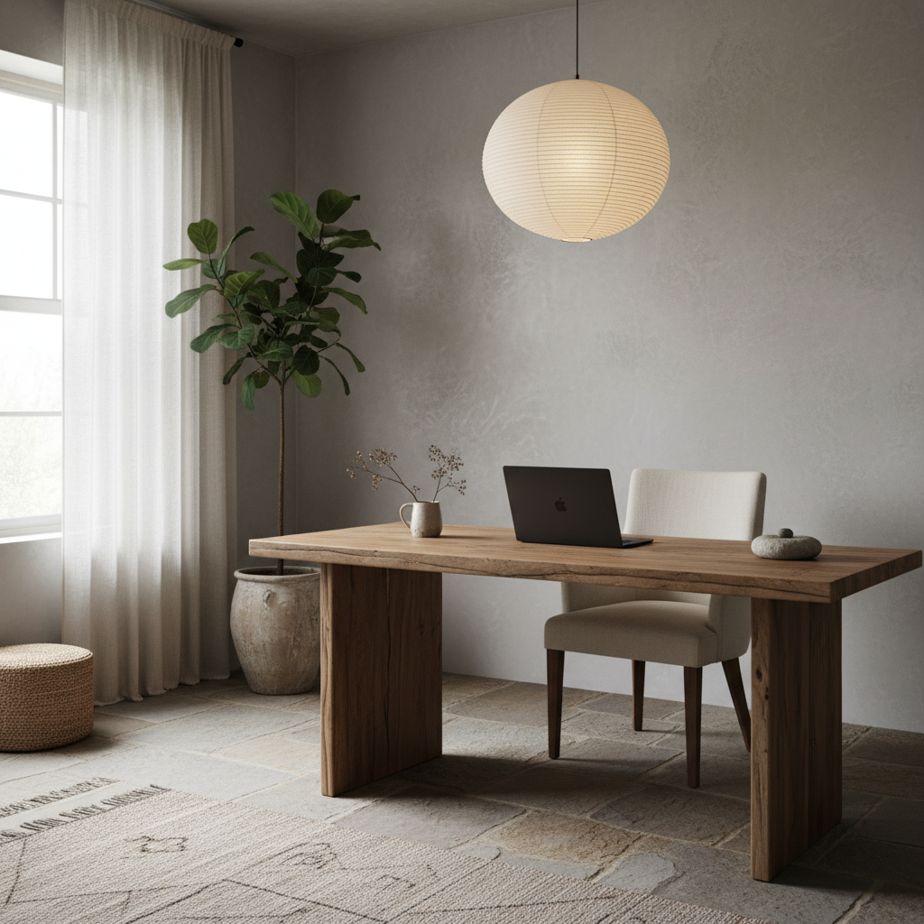 A serene home office designed with wabi-sabi elements, including natural materials, minimalist decor, and imperfect furniture.