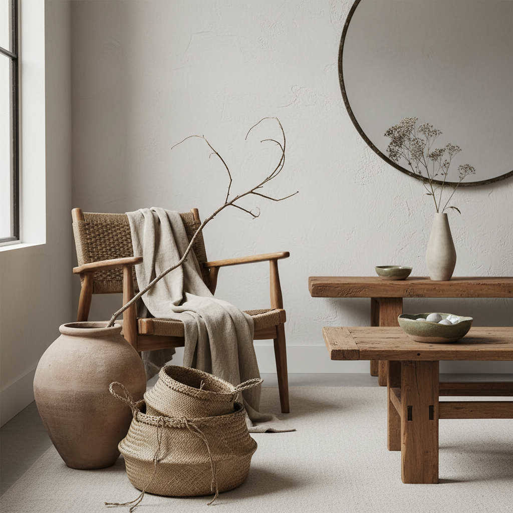 Show a variety of decorative items used in wabi-sabi designs such as handmade pottery, woven baskets, and rustic wooden furniture.