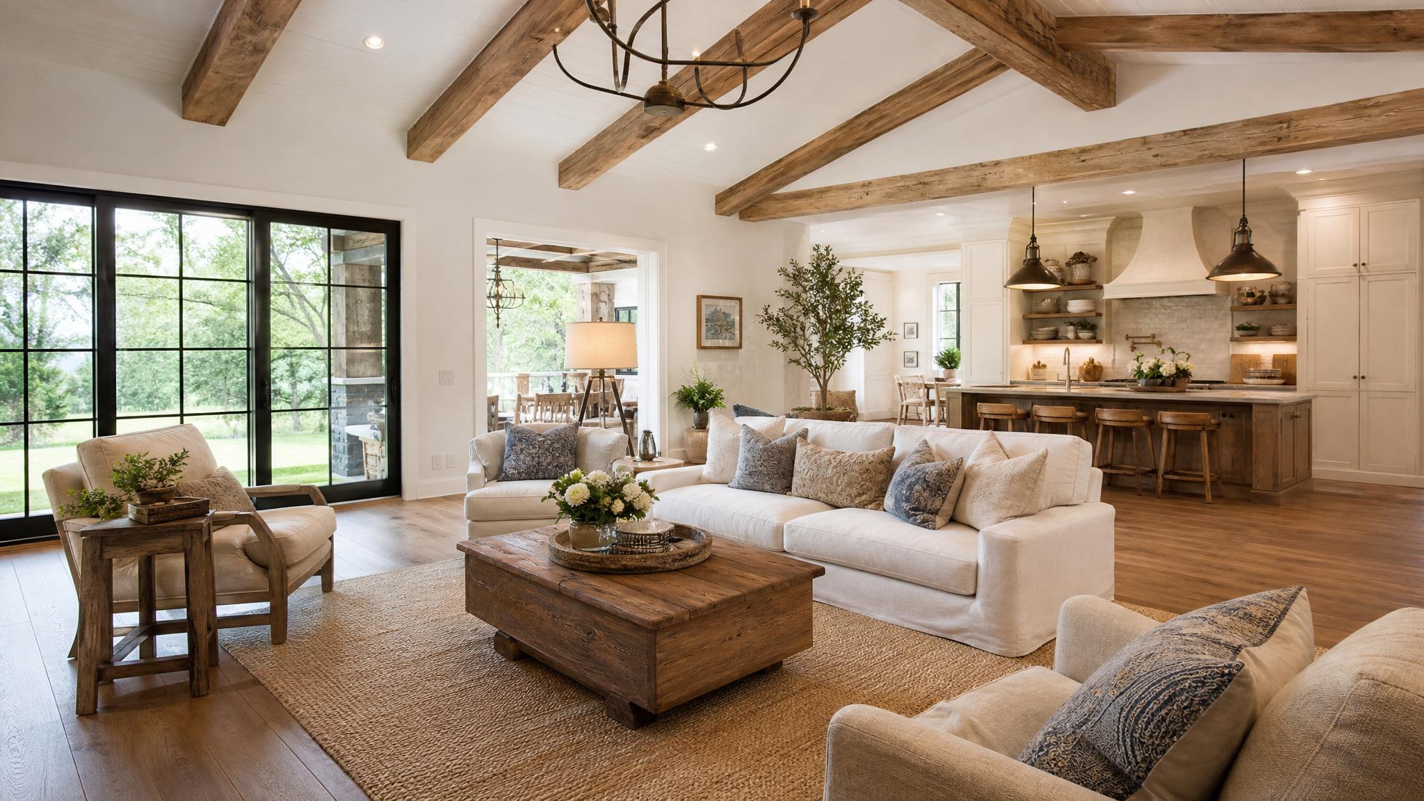 A beautiful open-plan living room featuring farmhouse decor.