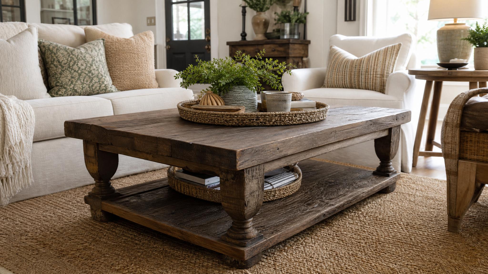 Rustic coffee table in a farmhouse living room.