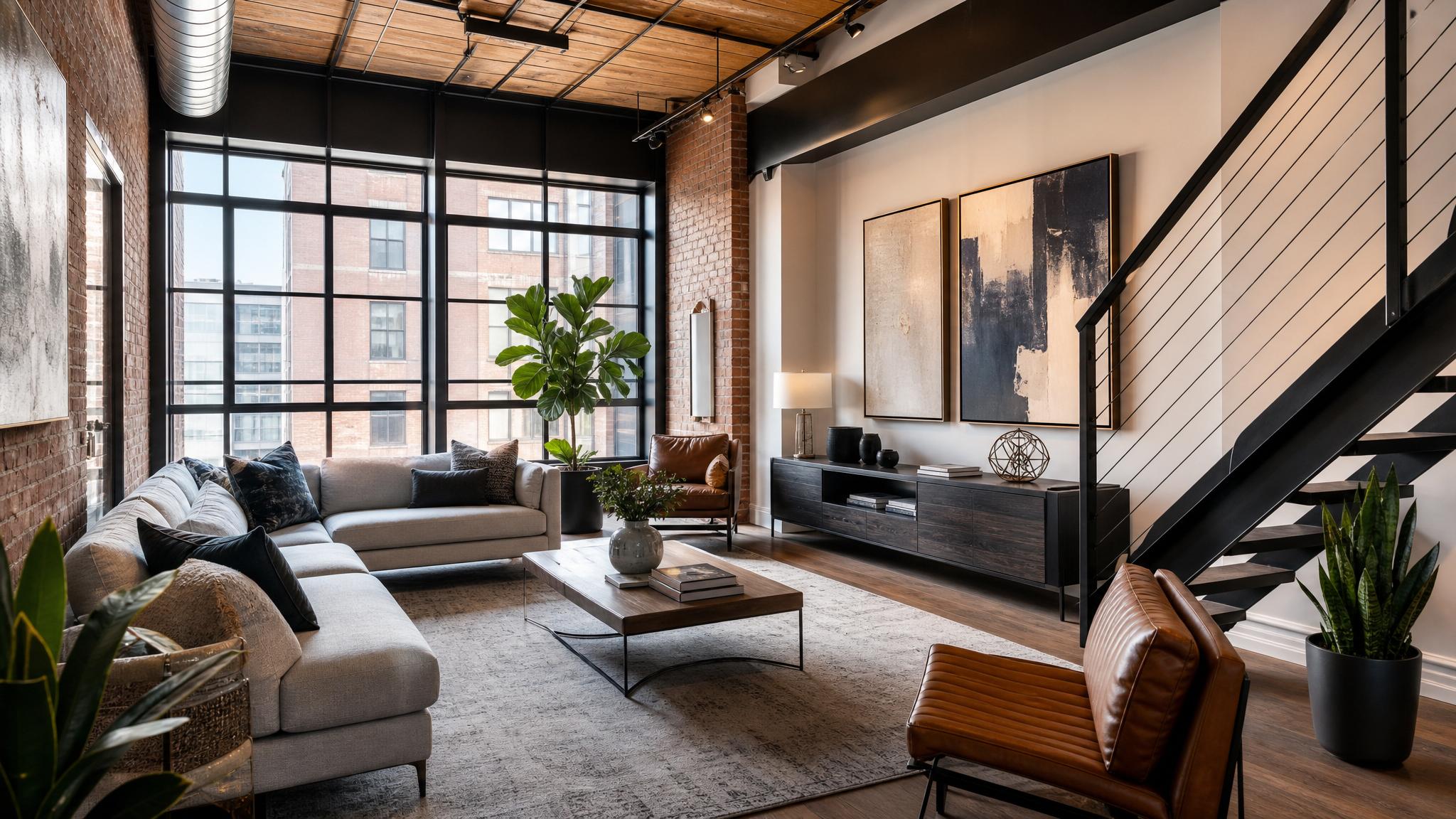Urban loft living room with modern furniture and artwork