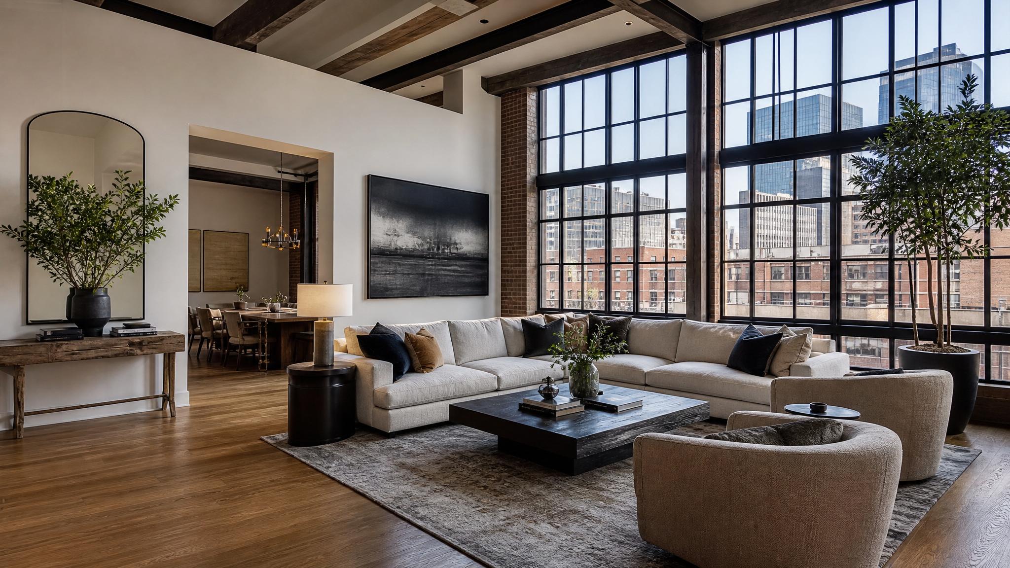 Luxurious urban loft living room with elegant decor