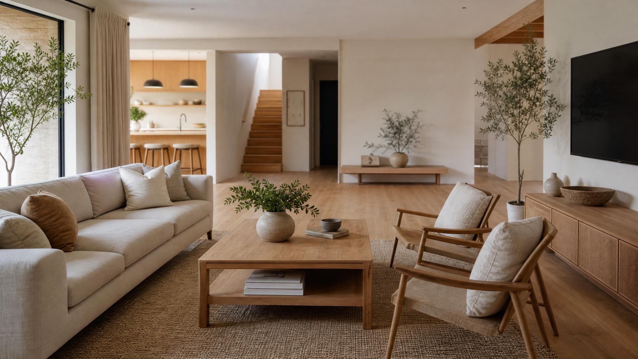 A minimalist Nordic living room with wooden furniture and neutral colors