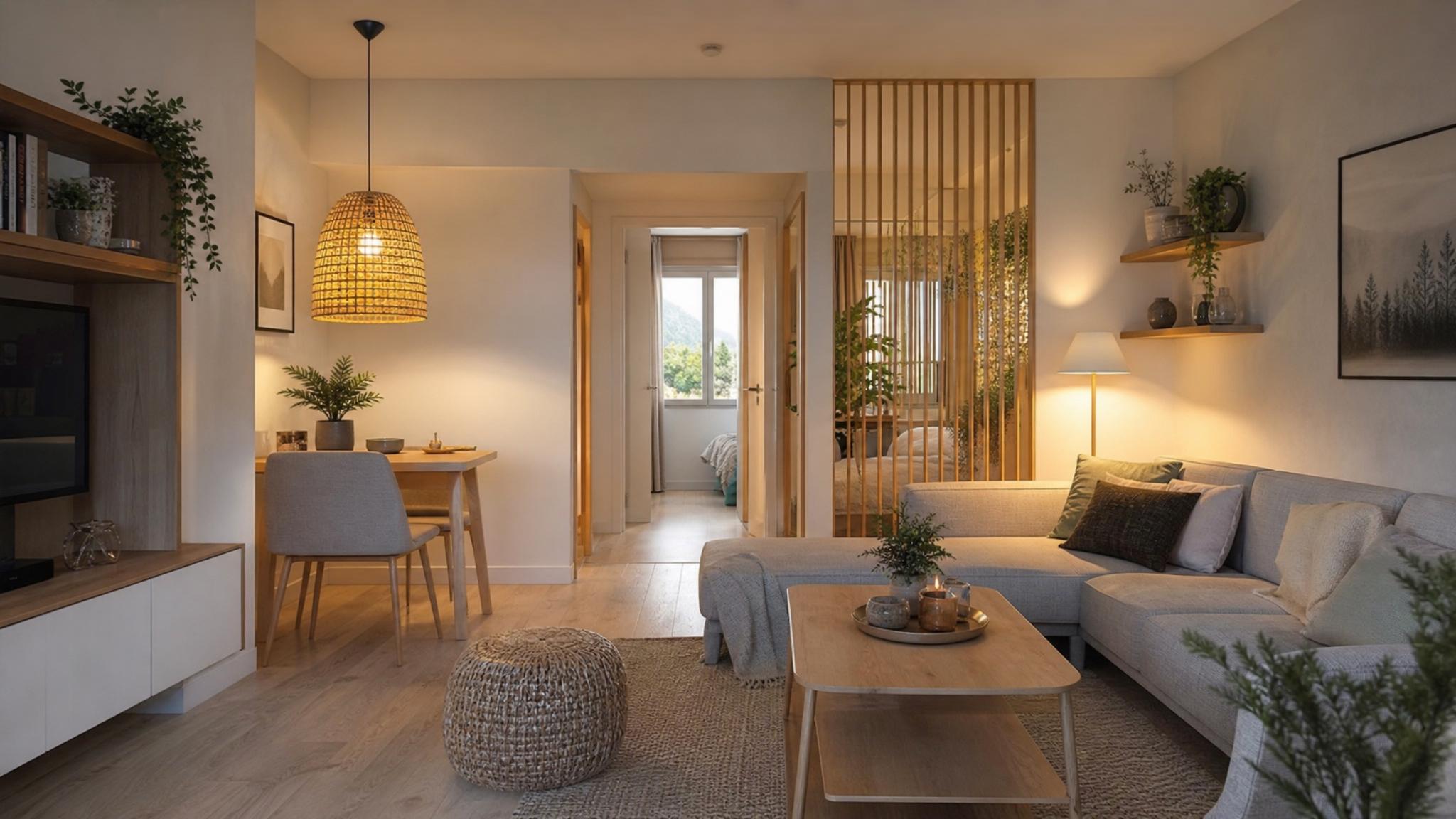 A cozy Nordic living room designed with multi-purpose furniture and warm lighting