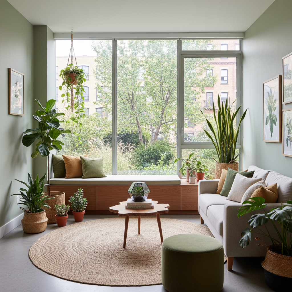 A beautifully designed living room with a large window and indoor plants, showcasing biophilic design elements.