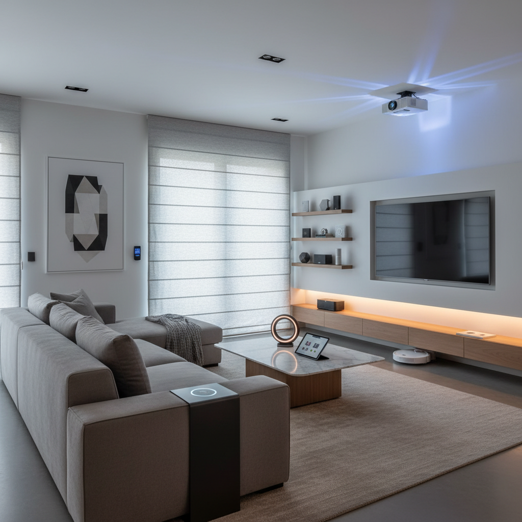 A modern living room with smart devices, highlighting the integration of technology in interior design.