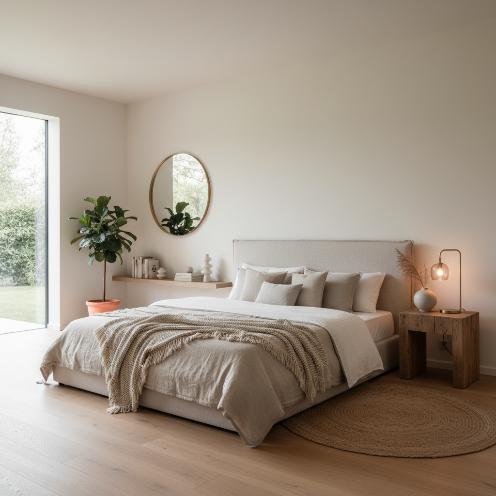 A warm minimalist bedroom featuring neutral tones, natural wood accents, and soft lighting.