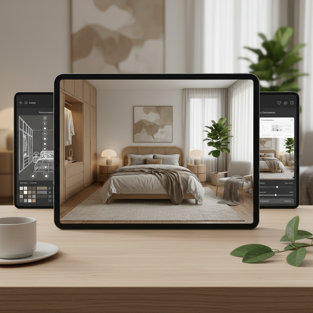 Screenshots of an AI interior design tool in action, showing a warm minimalist bedroom layout.