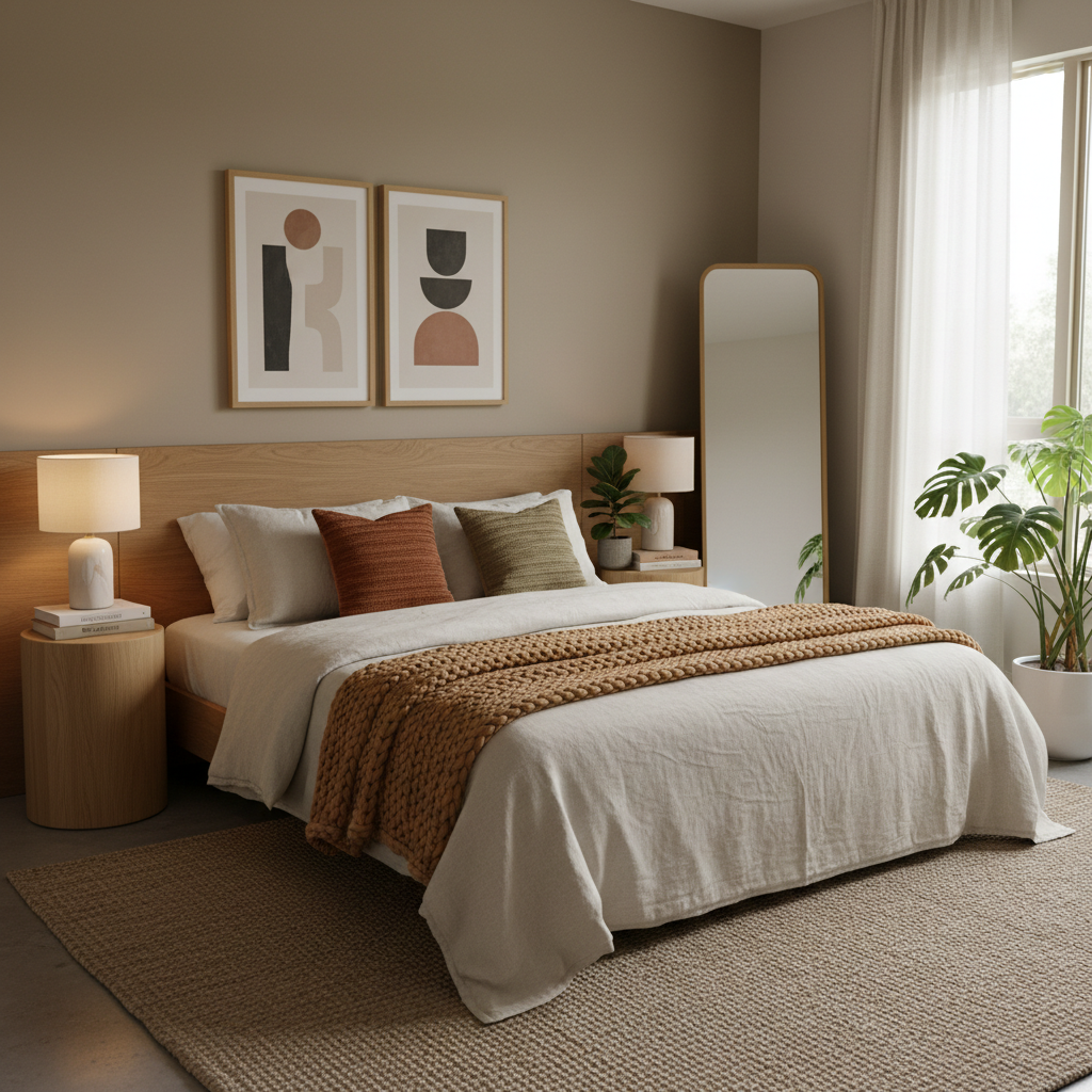 A cozy warm minimalist bedroom with decorative elements like plants, cushions, and minimal art.