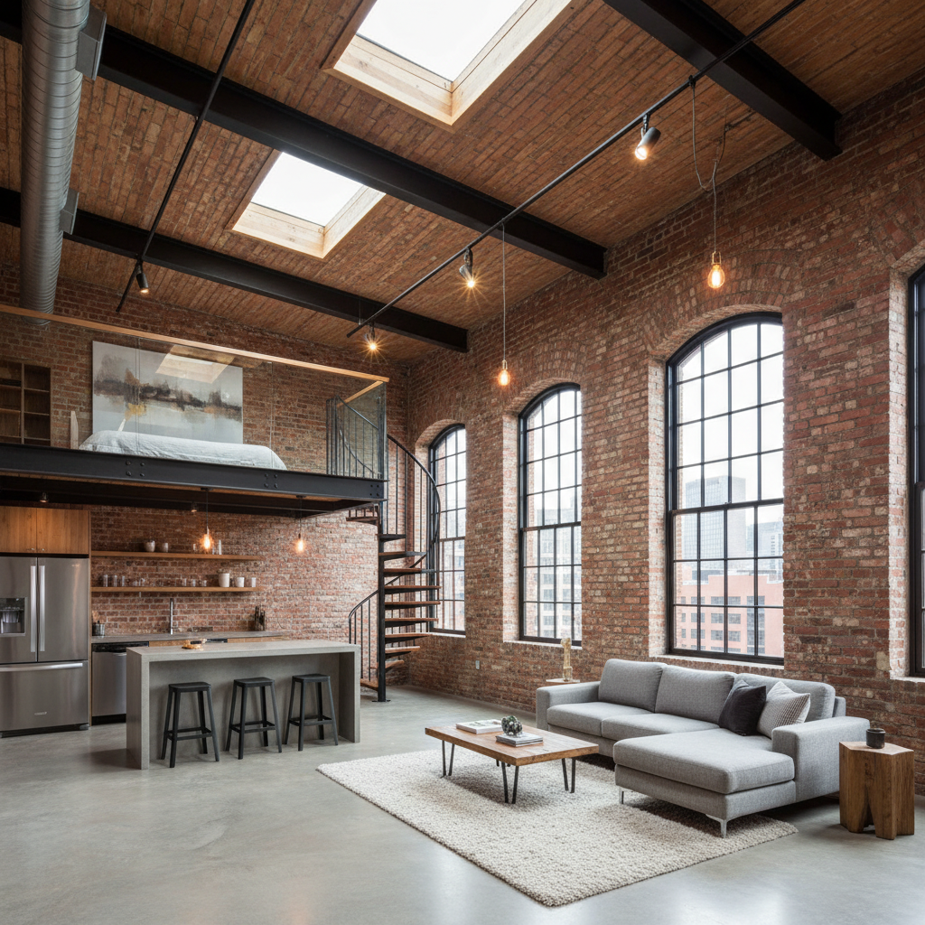 Example of an industrial studio space showcasing exposed brick walls and high ceilings.