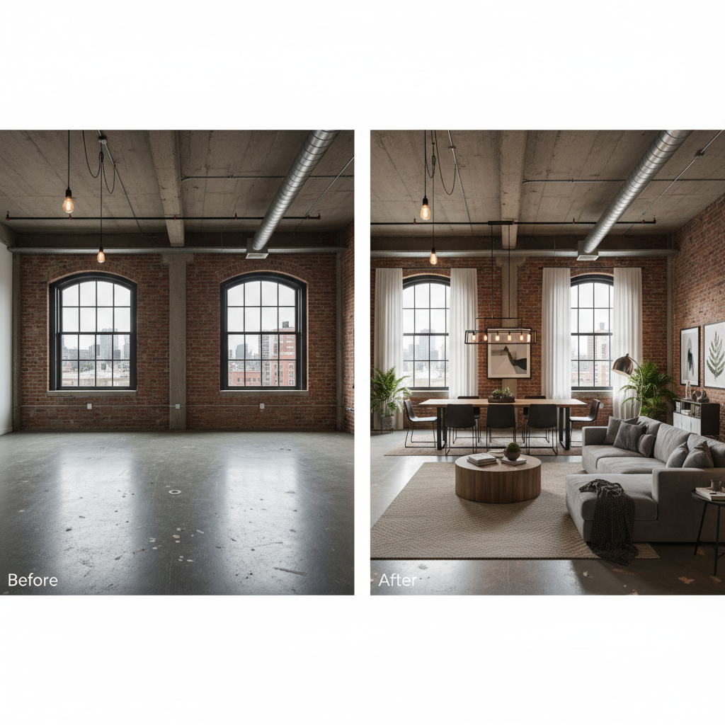Before and after AI-staged industrial studio example.