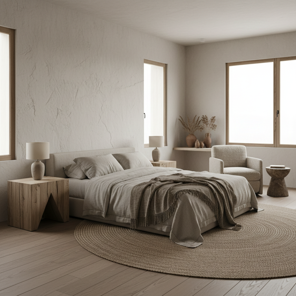 Luxurious master bedroom with wabi-sabi aesthetic featuring natural materials and muted colors.