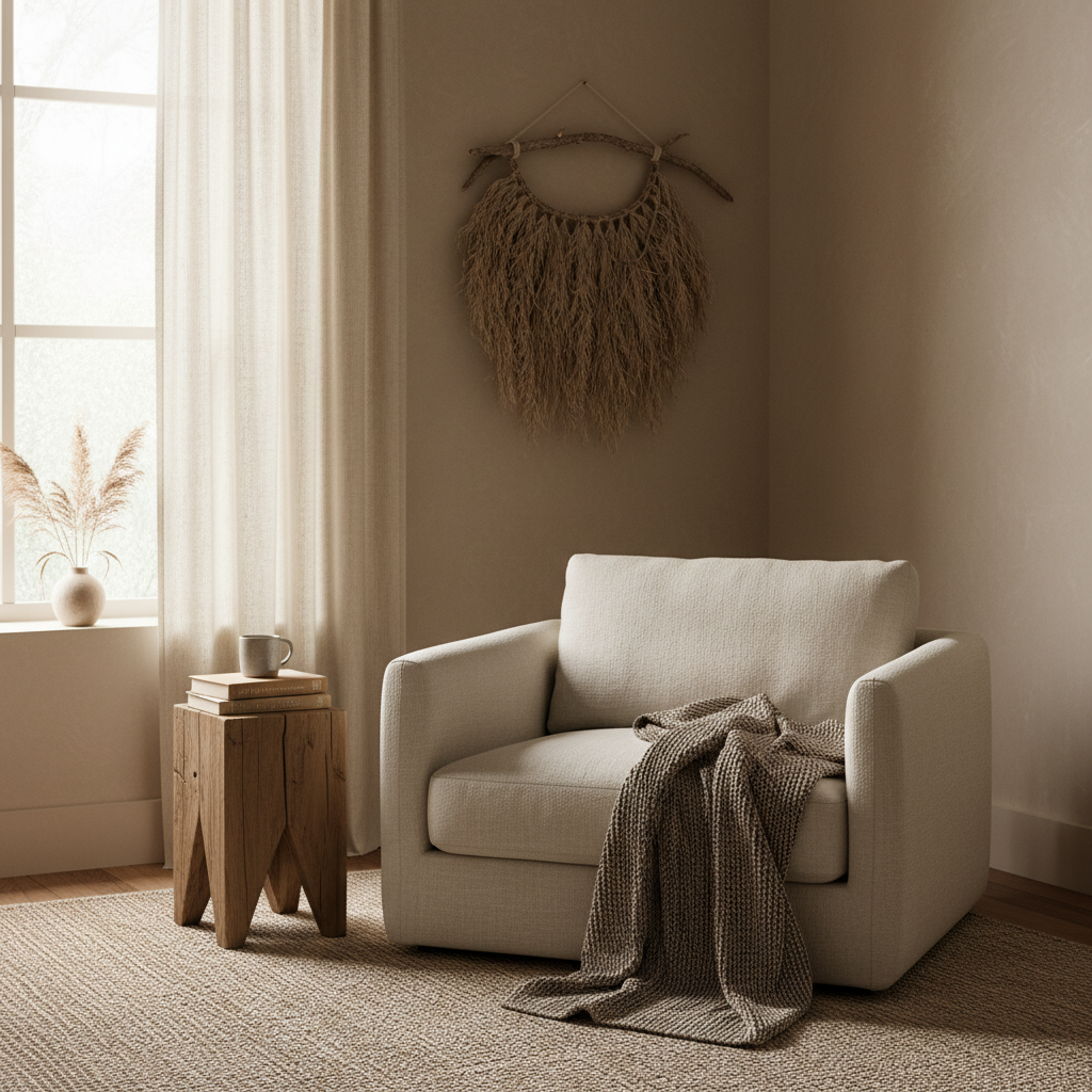 Cozy corner of a master bedroom designed with warmth and wabi-sabi principles.