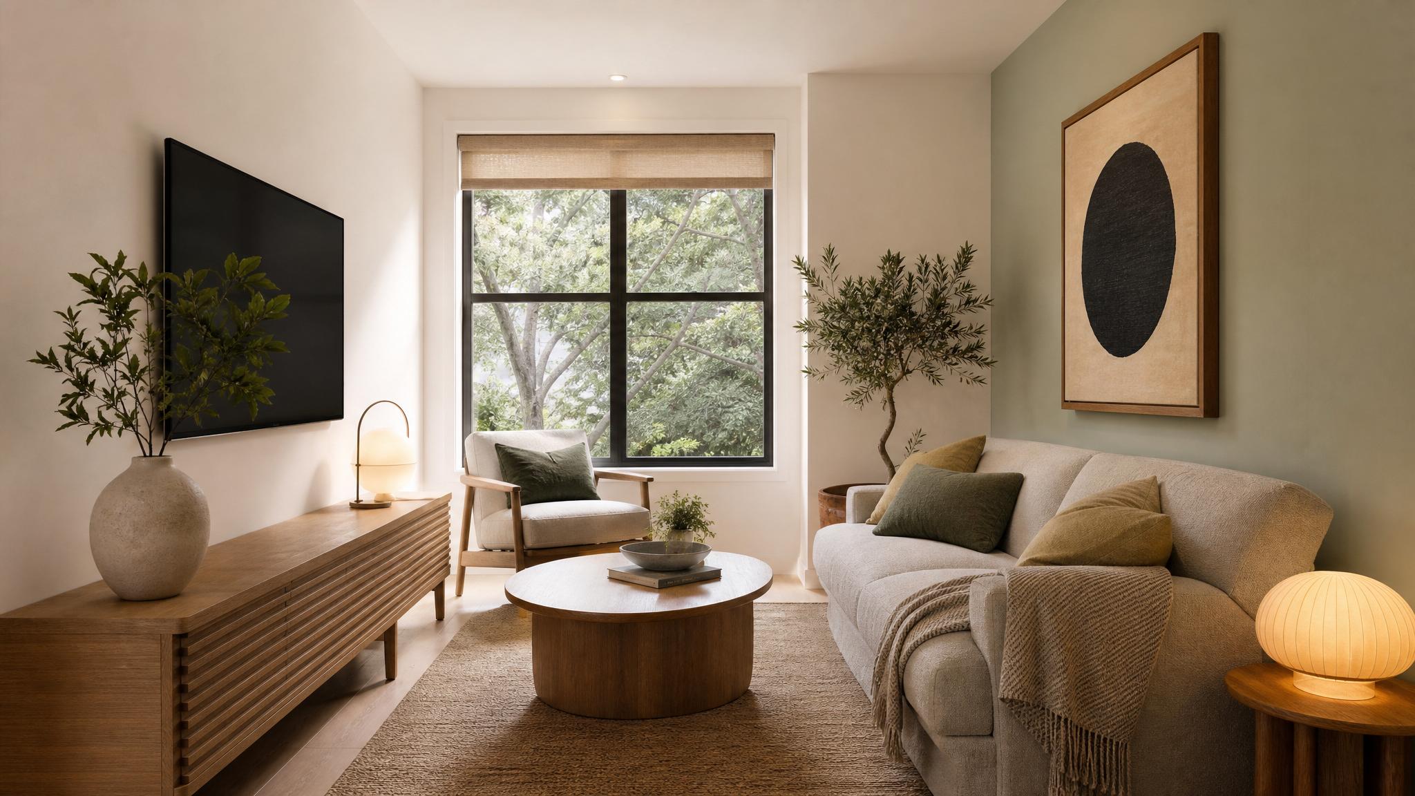 Display a cozy small living room in Japandi style with accent colors.