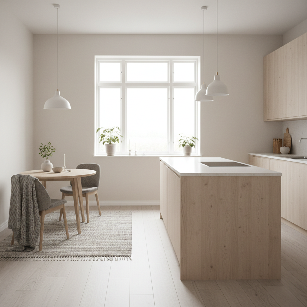 A bright, minimalistic Nordic kitchen featuring light wood, neutral colors, and a cozy atmosphere.