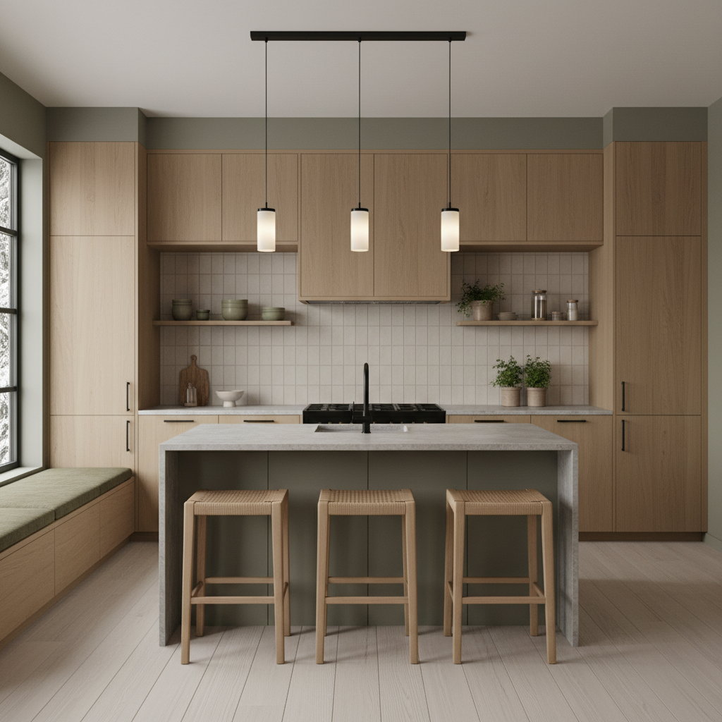An example of a well-designed Nordic kitchen with a natural color palette and modern lighting.