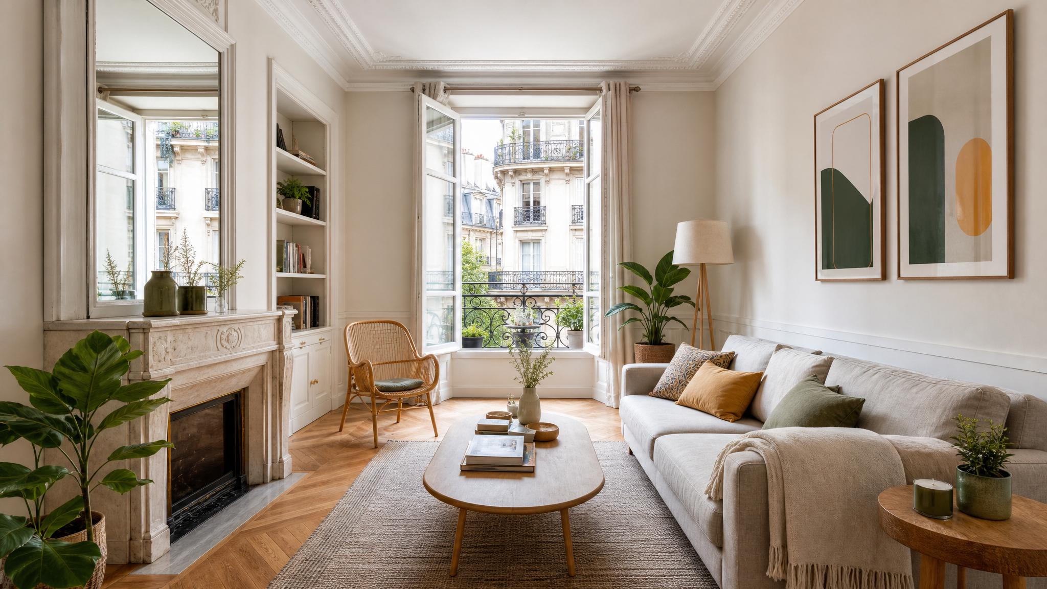 Beautifully staged small living room in Paris with a large window and cozy furniture.
