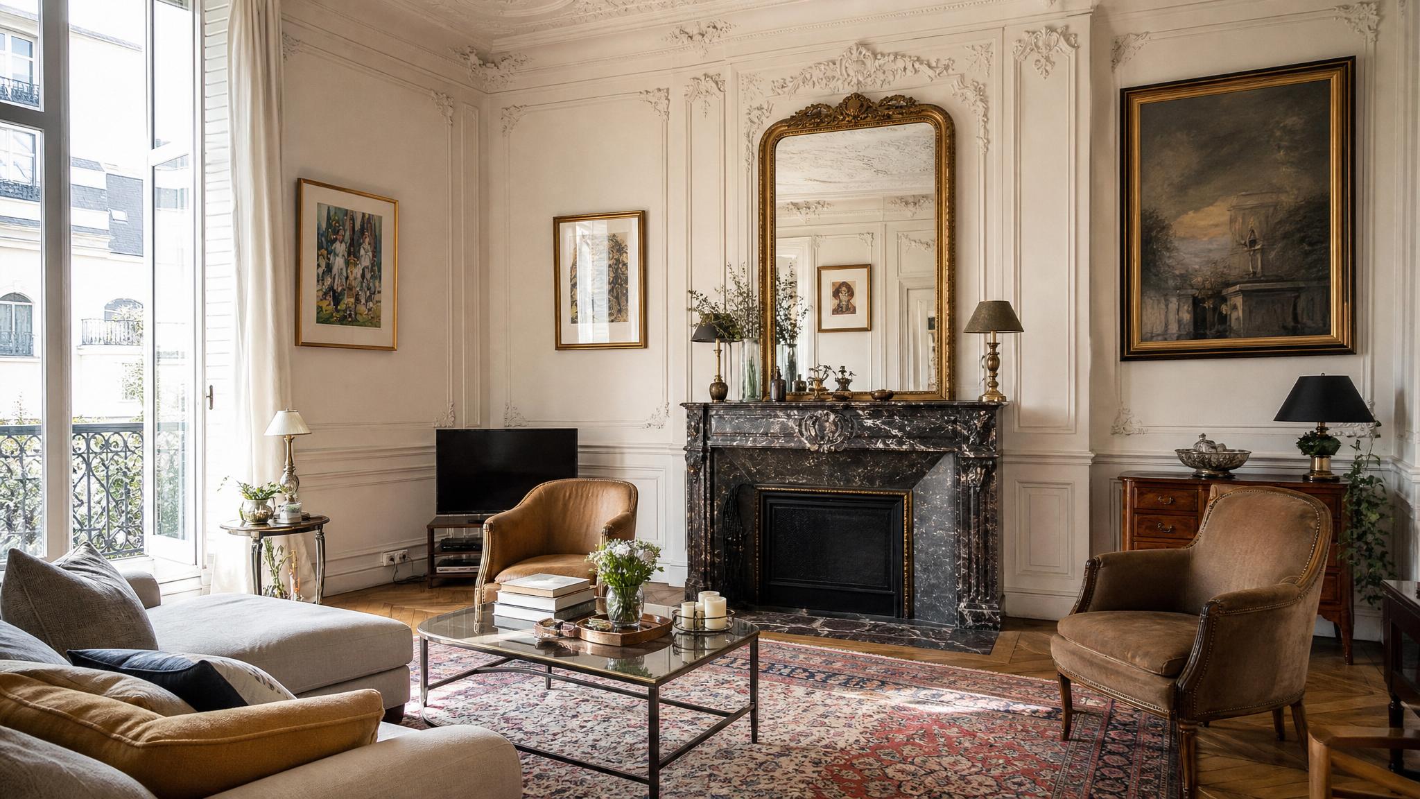 Classic Parisian living room with ornate moldings and vintage decor.