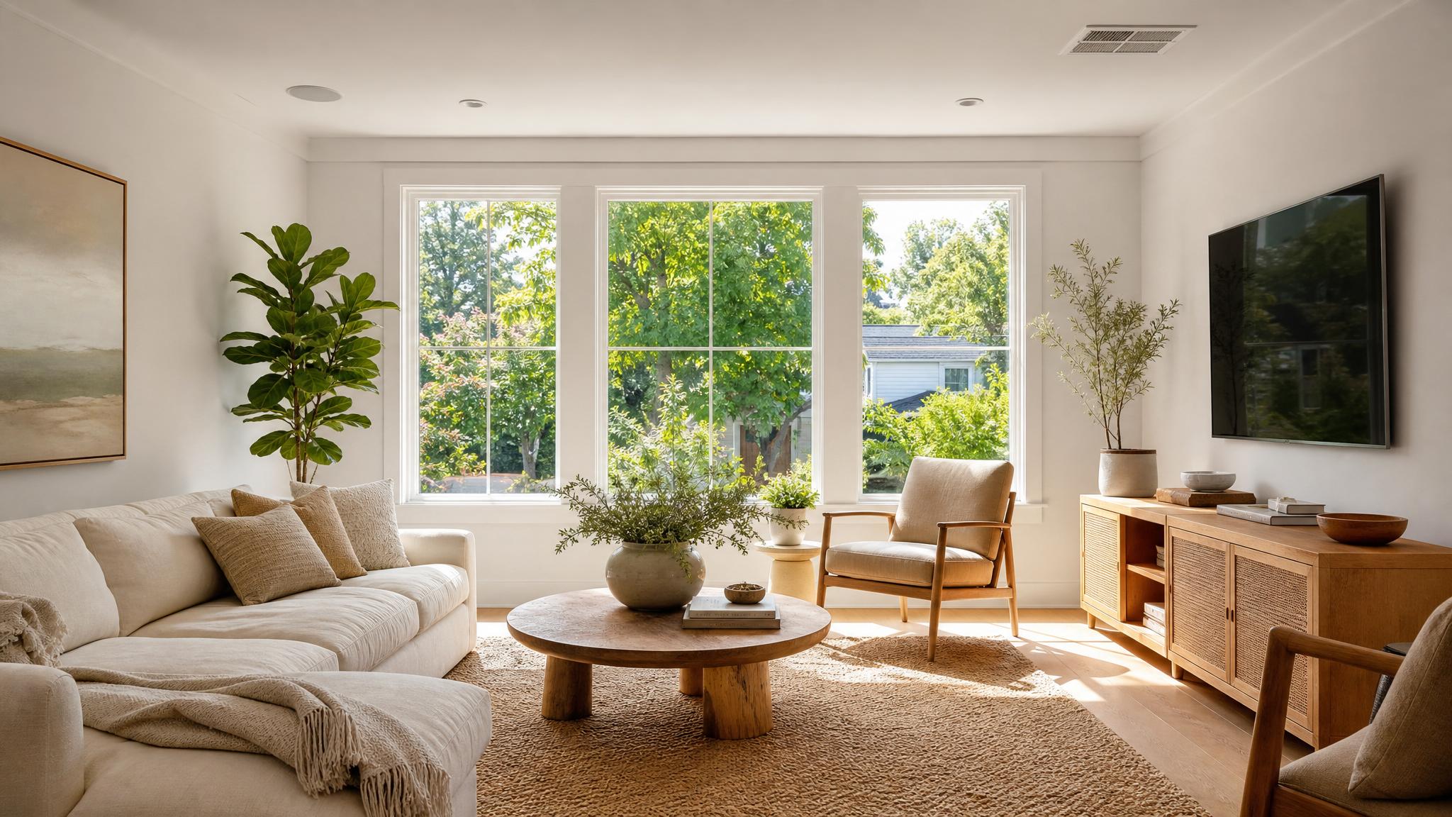 A sunlit small living room featuring large windows and beautiful light.