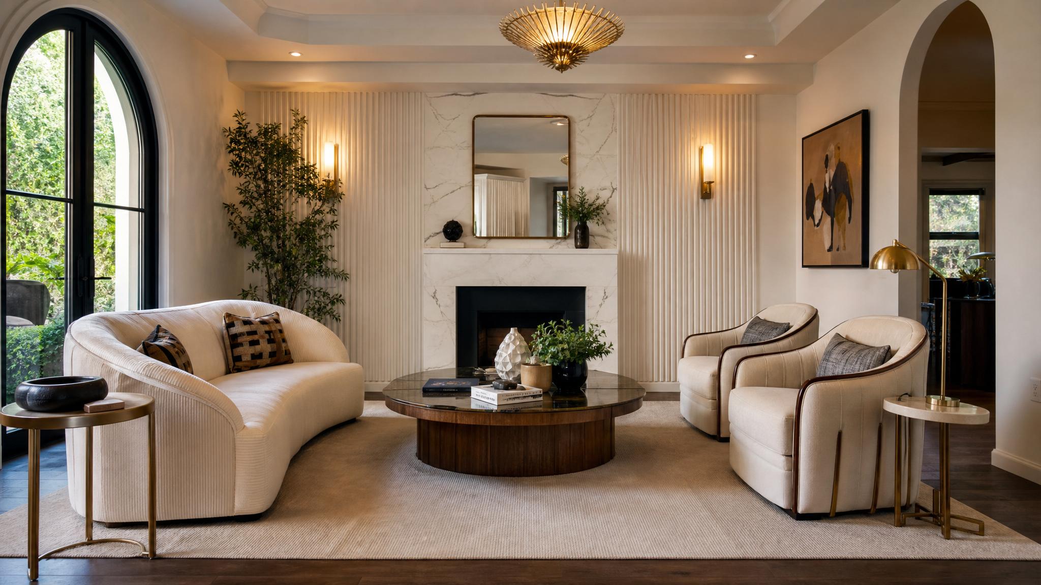 Image of a beautifully staged living room with Art Deco furniture.