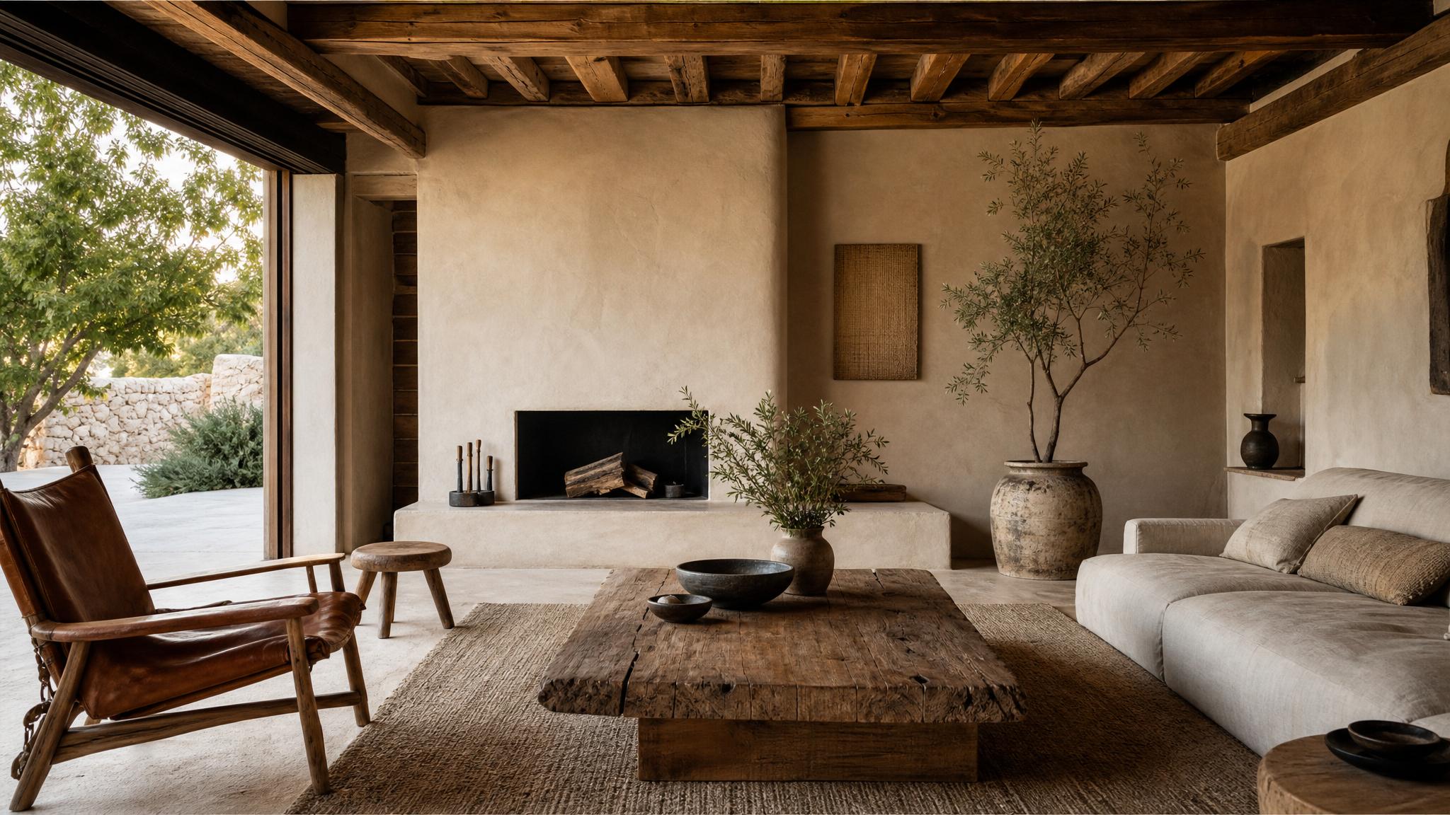 Wabi-sabi inspired living room with natural materials and neutral colors.