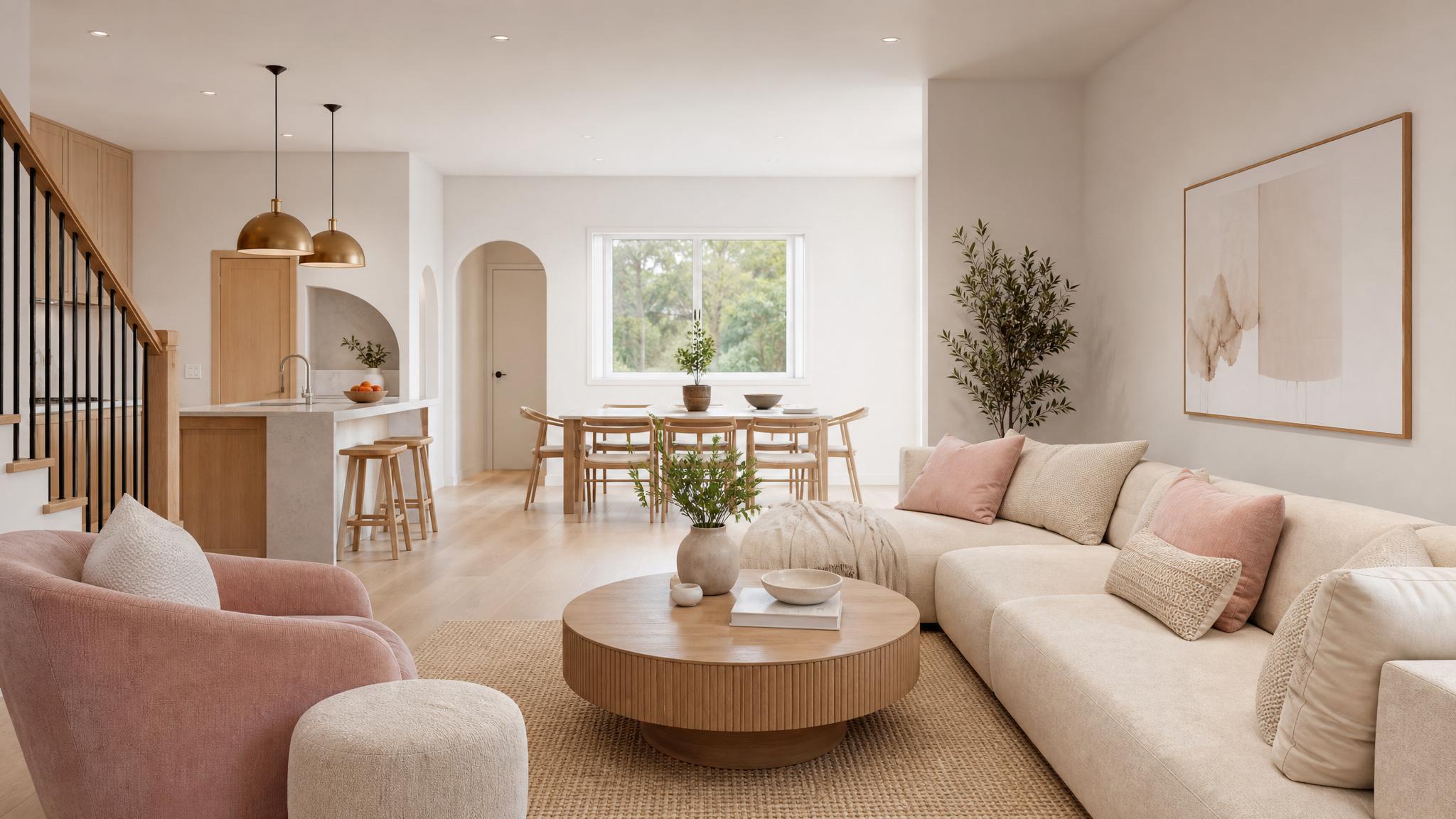 A combination of soft beige and dusty pink in a stylish open-plan living room.