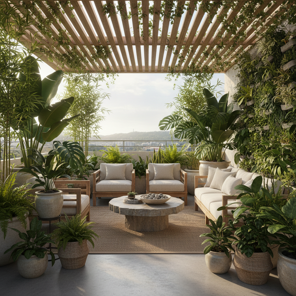 Biophilic terrace design showcasing greenery and natural materials.