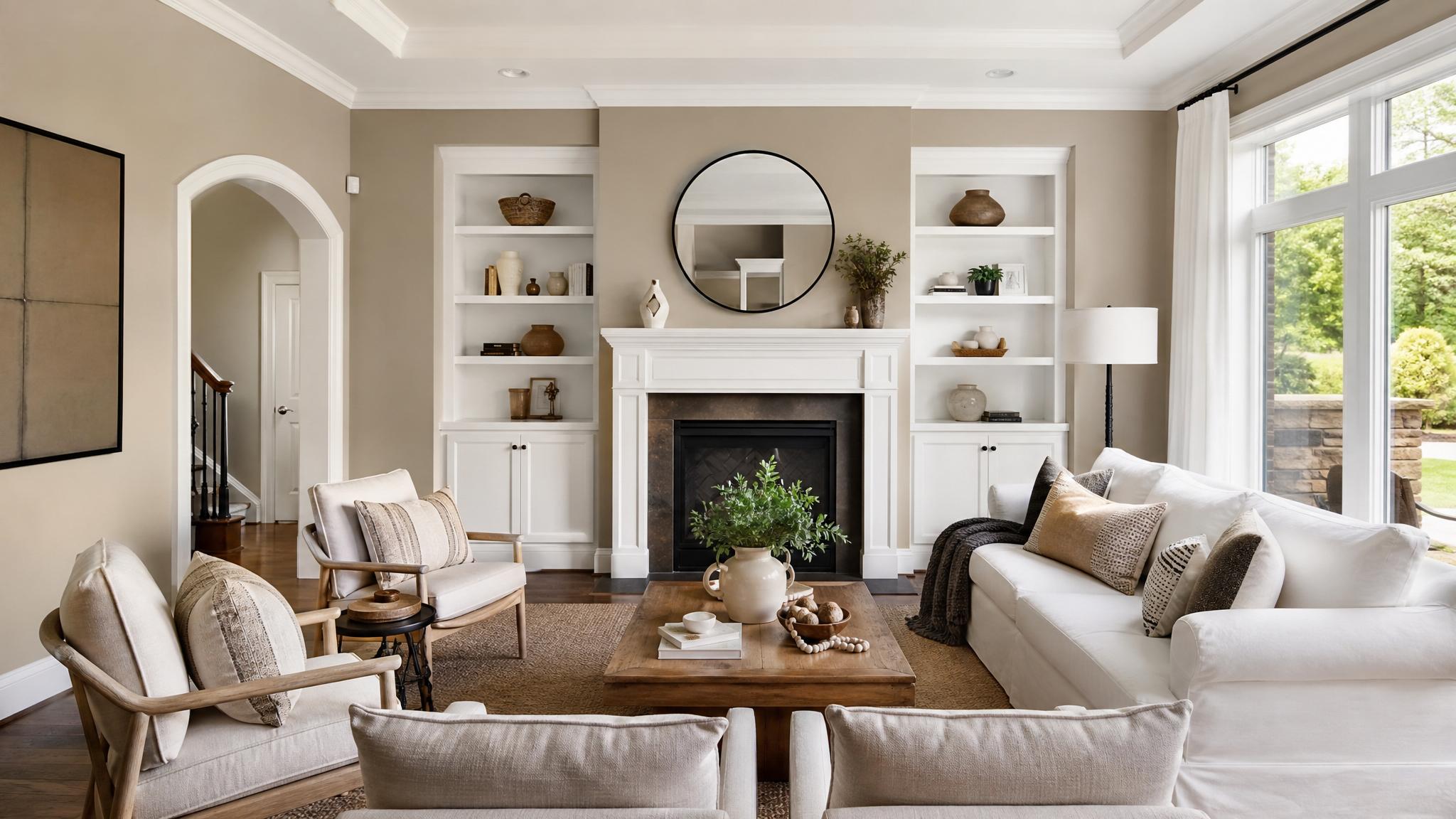 Image showcasing a living room with taupe walls and white accents.