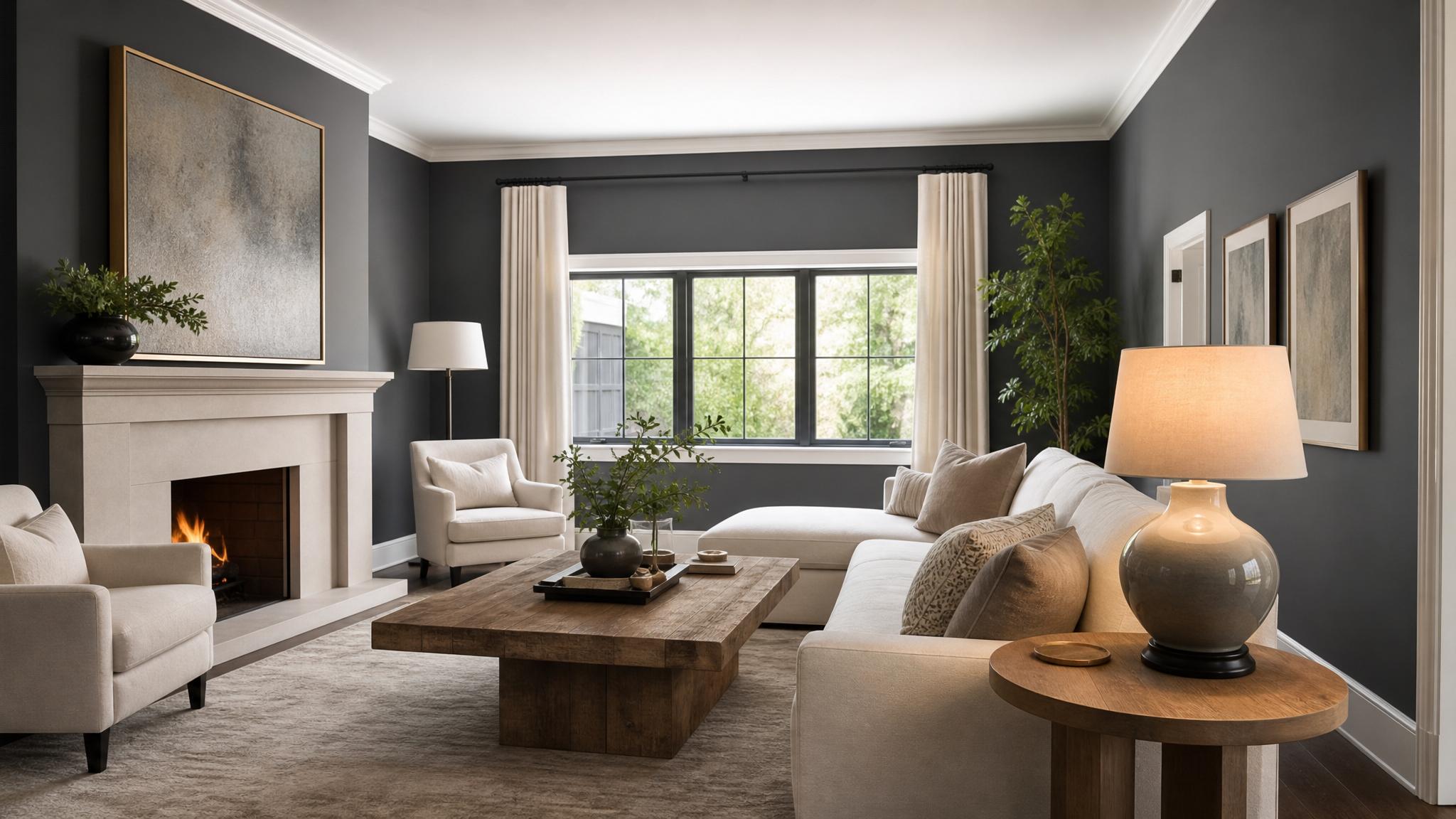 Image of a sleek living room featuring charcoal grey walls with cream furniture.