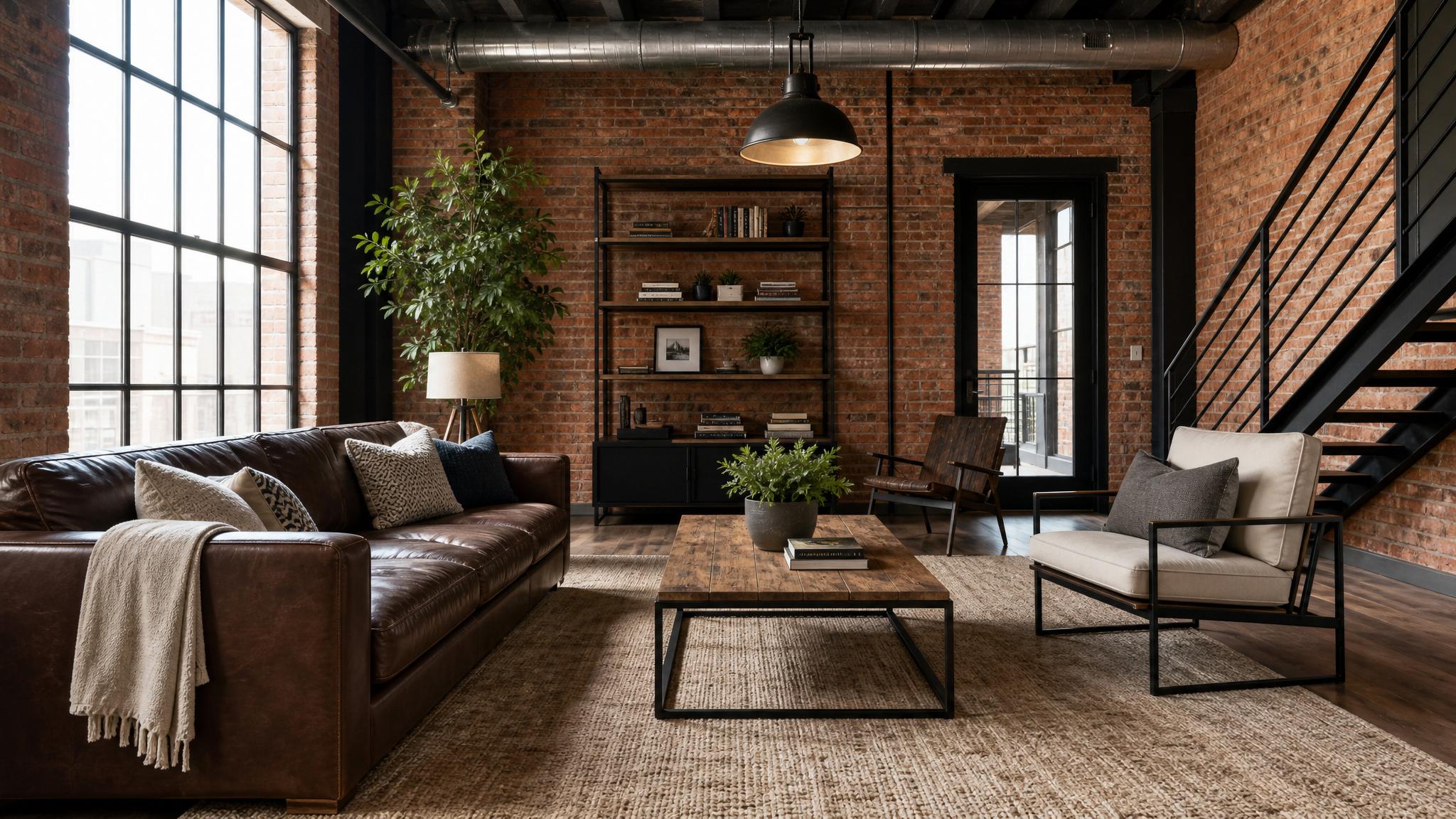 An industrial-style living room featuring exposed brick walls and metal fixtures.