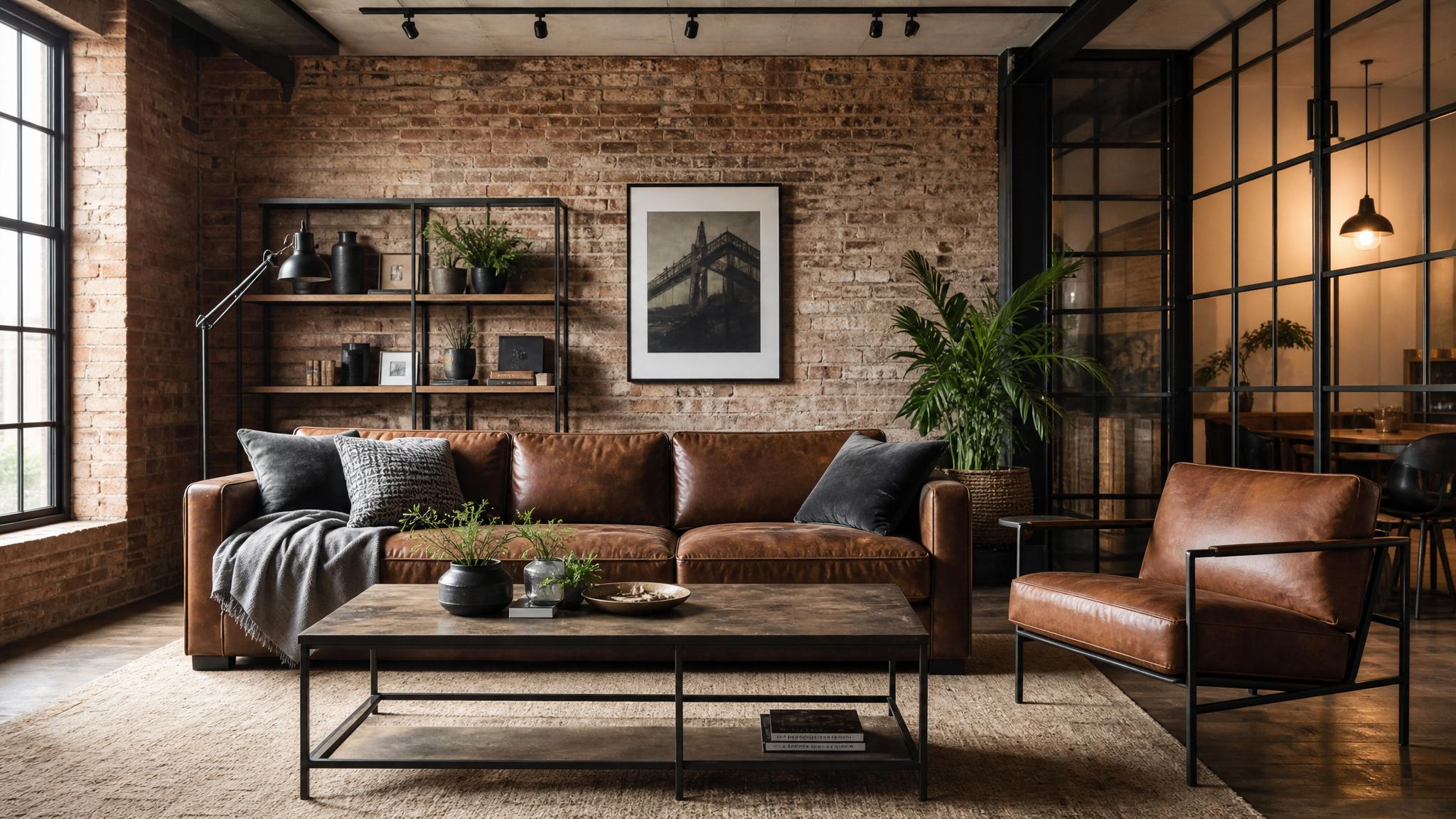 A beautifully arranged industrial living room with leather sofa and metal furniture.