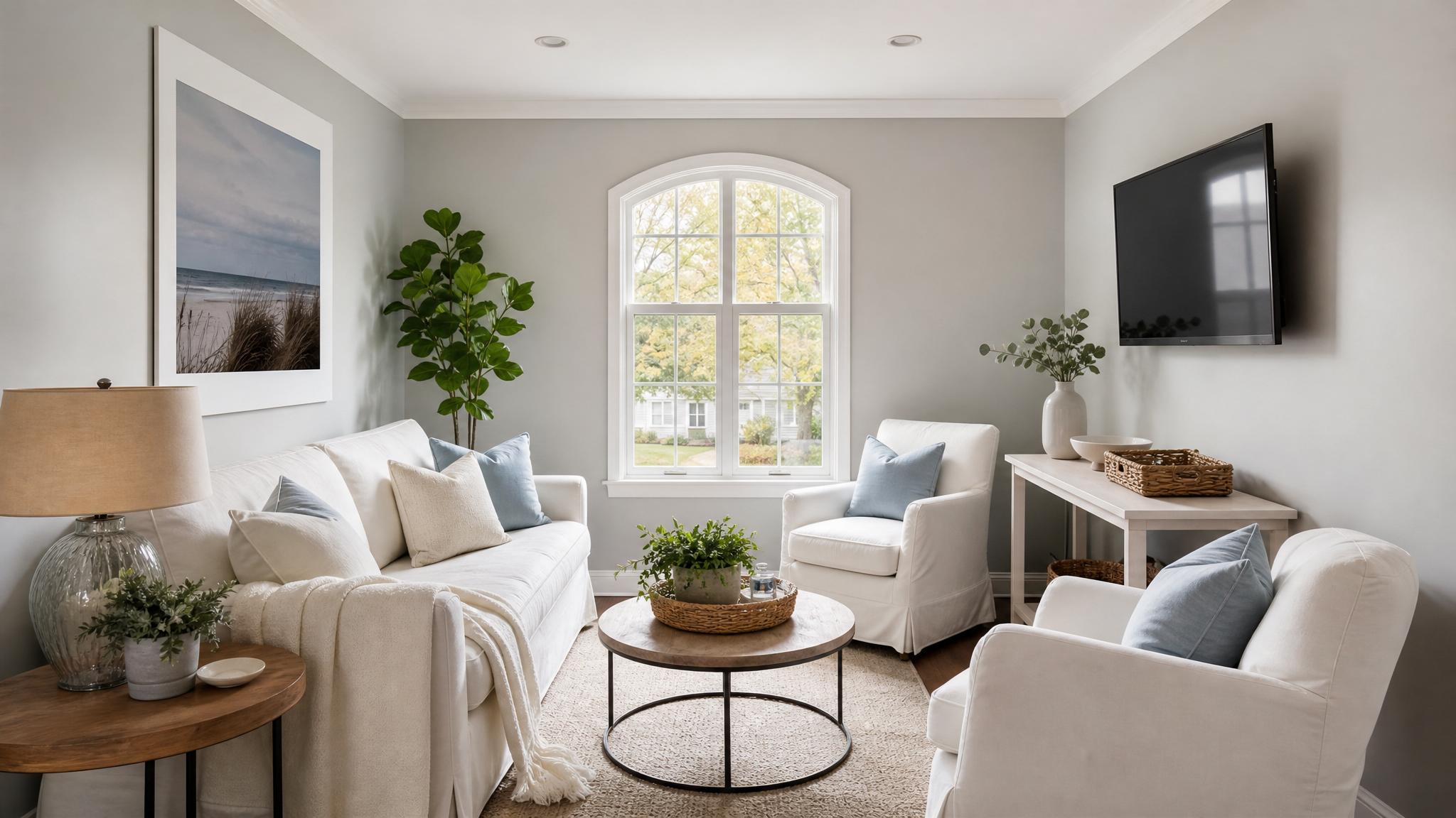 Example photo of a small living room with soft gray walls and white furniture.